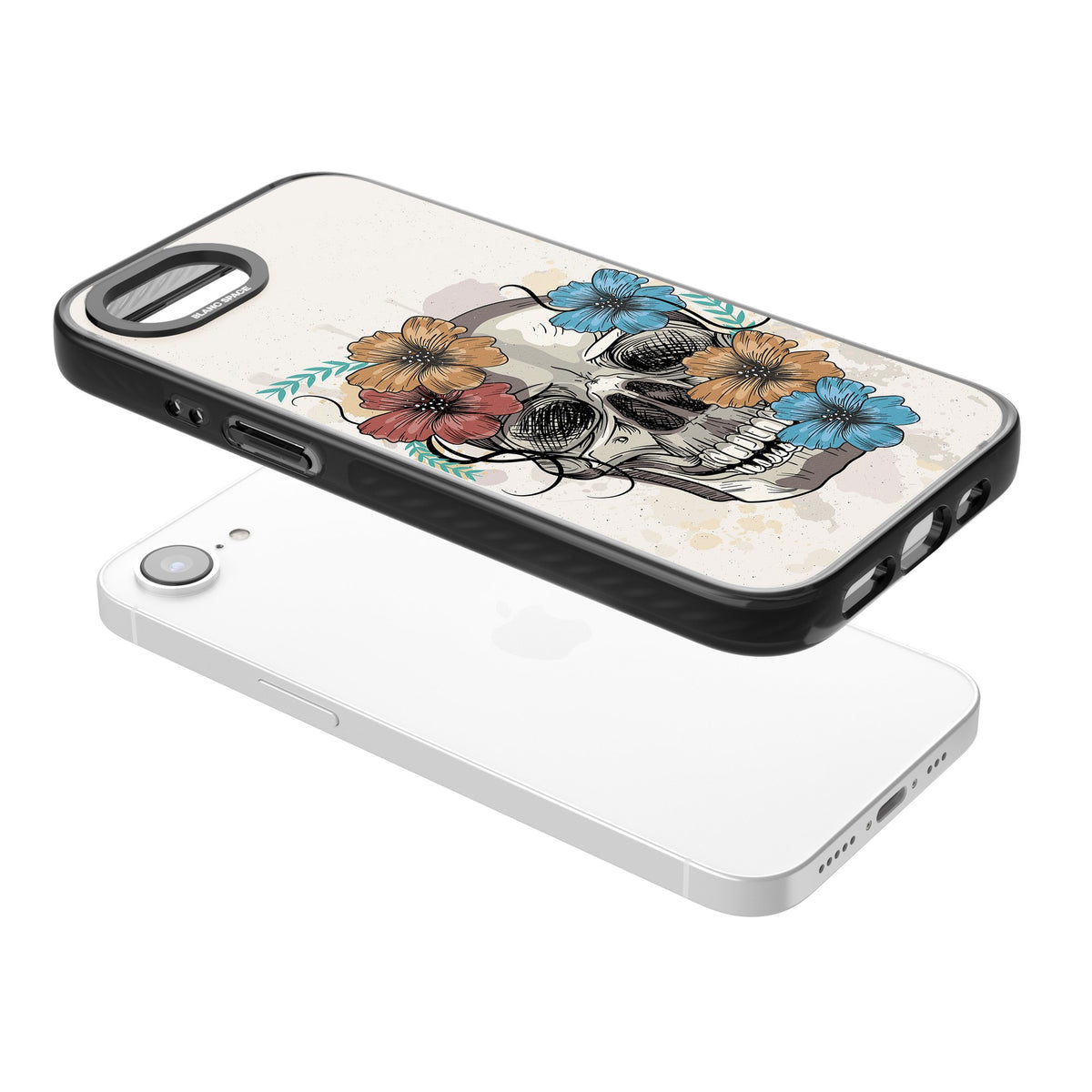 Sugar Skull Floral iPhone 16e / iPhone 17e Impact Black Phone Case angled