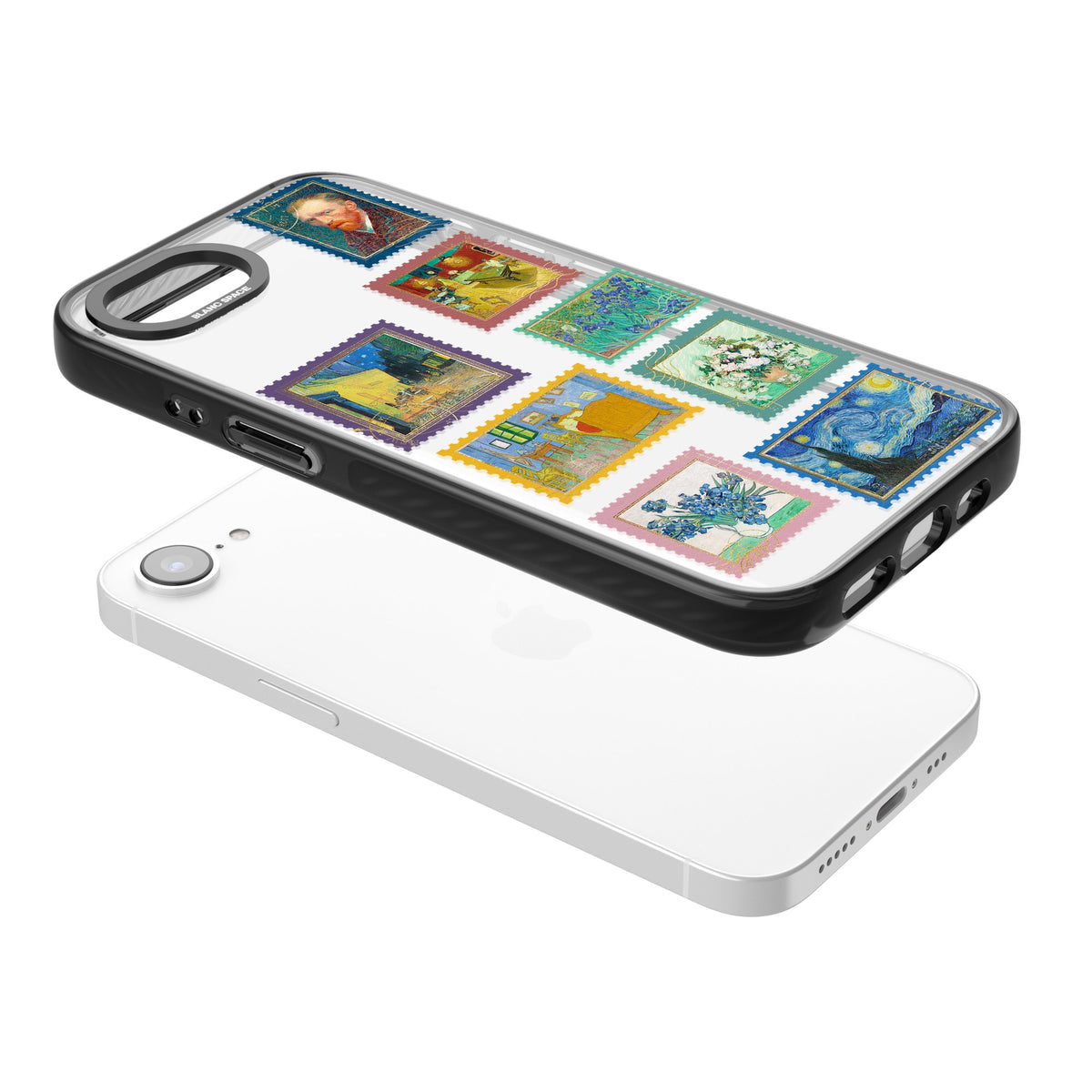 Coloured Vintage Art Stamps iPhone 16e / iPhone 17e Impact Black Phone Case angled