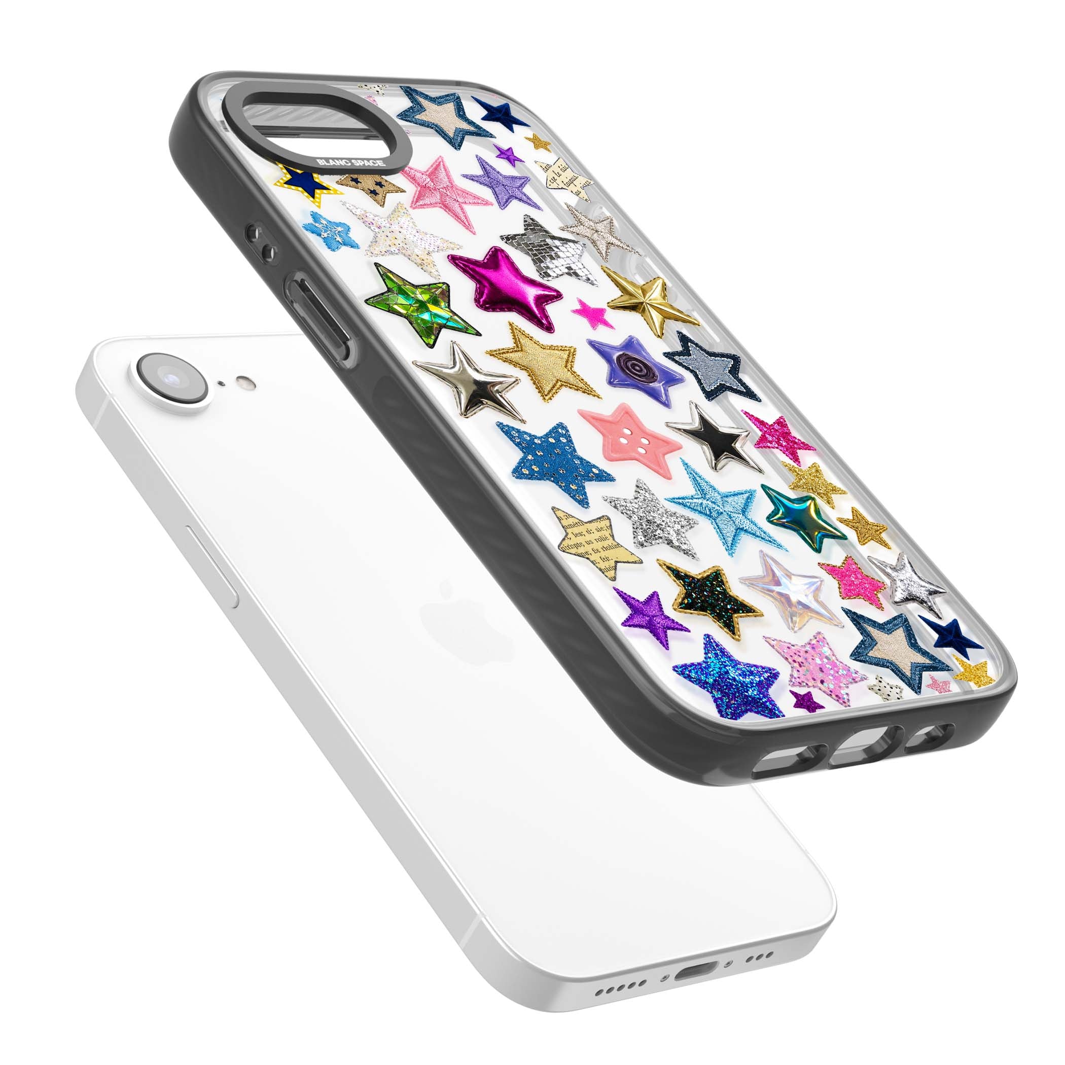 Crafty Star Mix Y2K iPhone case featuring embroidered, sequinned and glitter star patches in rainbow colours | Black Impact case for iPhone 16e, iPhone 17e