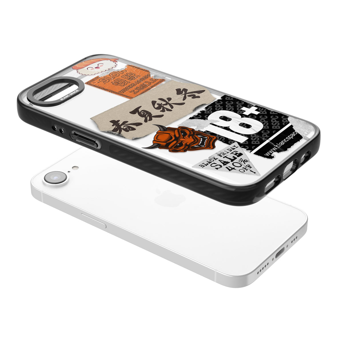 Asian Sticker Mix iPhone 16e / iPhone 17e Impact Black Phone Case angled