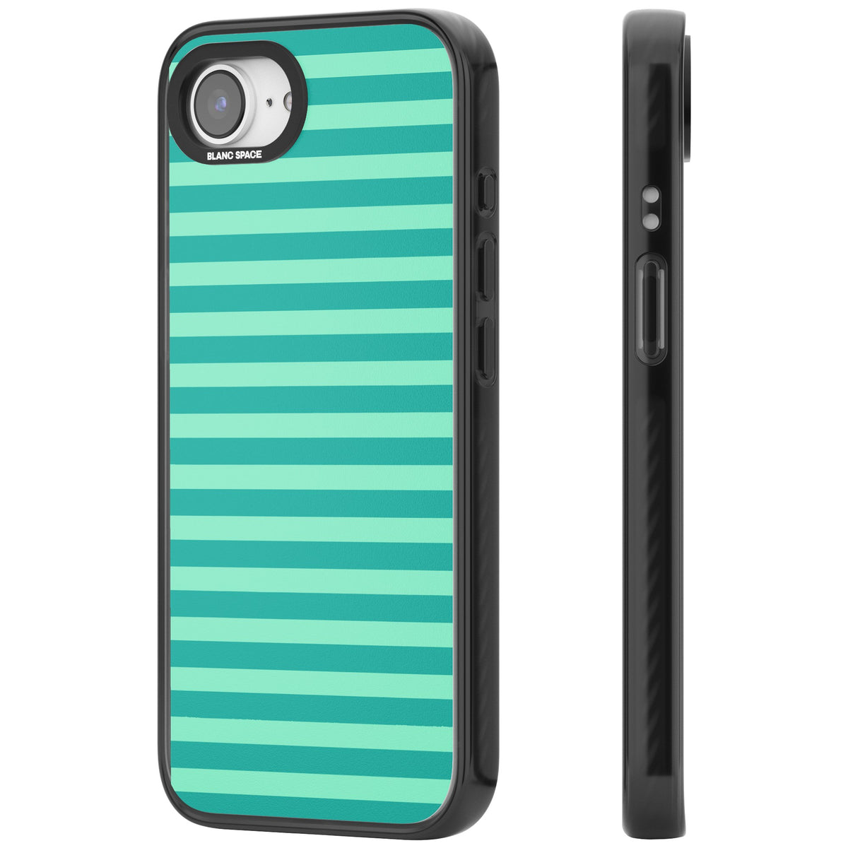 Turquoise Stripe preppy iPhone case featuring horizontal teal and mint green stripes on a black protective frame iPhone 16e / iPhone 16E / iPhone 17e Impact Black Phone Case side