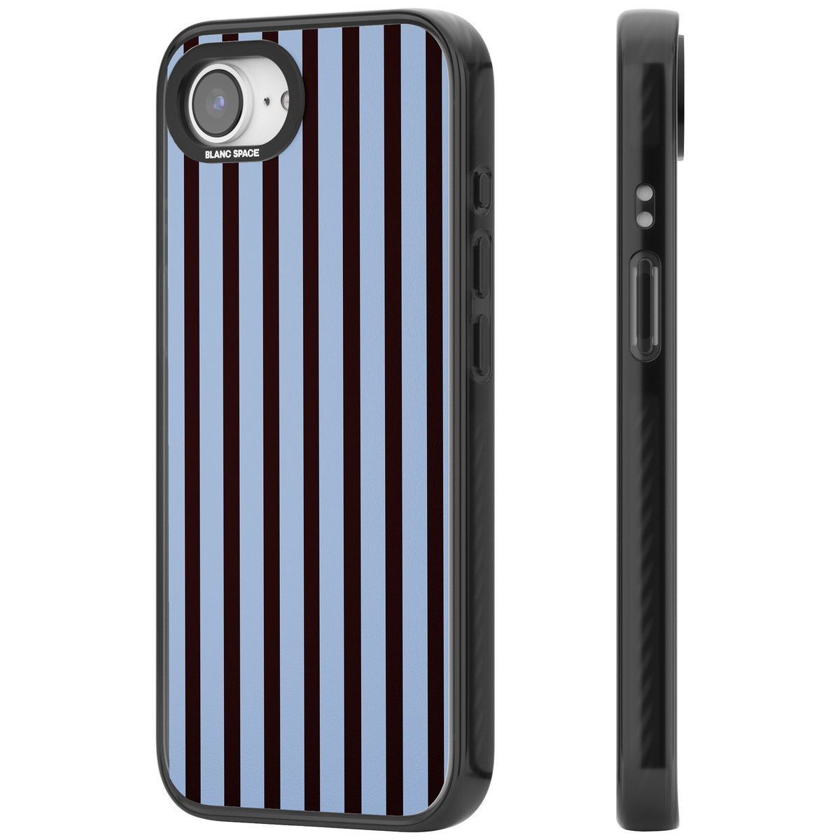 Blackcurrant Stripe preppy iPhone case featuring vertical burgundy and light blue stripes in a classic pinstripe layout iPhone 16e / iPhone 16E / iPhone 17e Impact Black Phone Case side