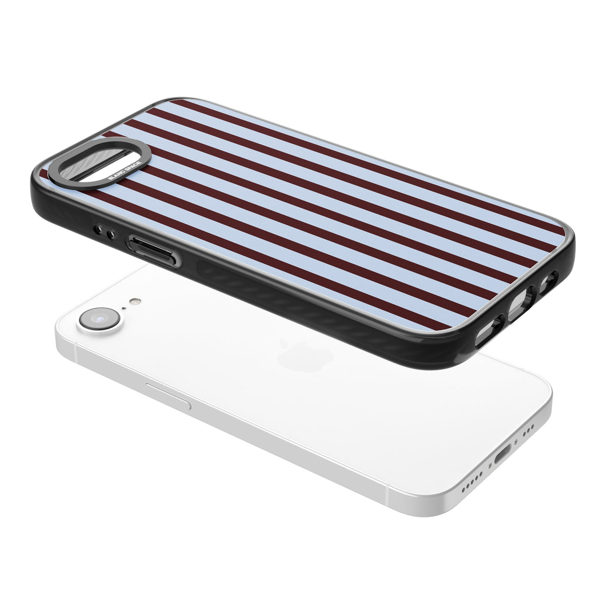 Blackcurrant Stripe preppy iPhone case featuring vertical burgundy and light blue stripes in a classic pinstripe layout iPhone 16e / iPhone 16E / iPhone 17e Impact Black Phone Case angled