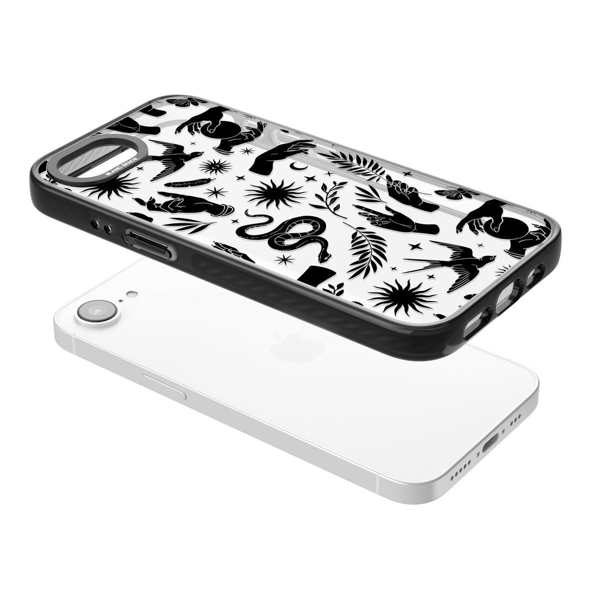 Mystic Magic (Black) iPhone 16e / iPhone 17e Impact Black Phone Case angled