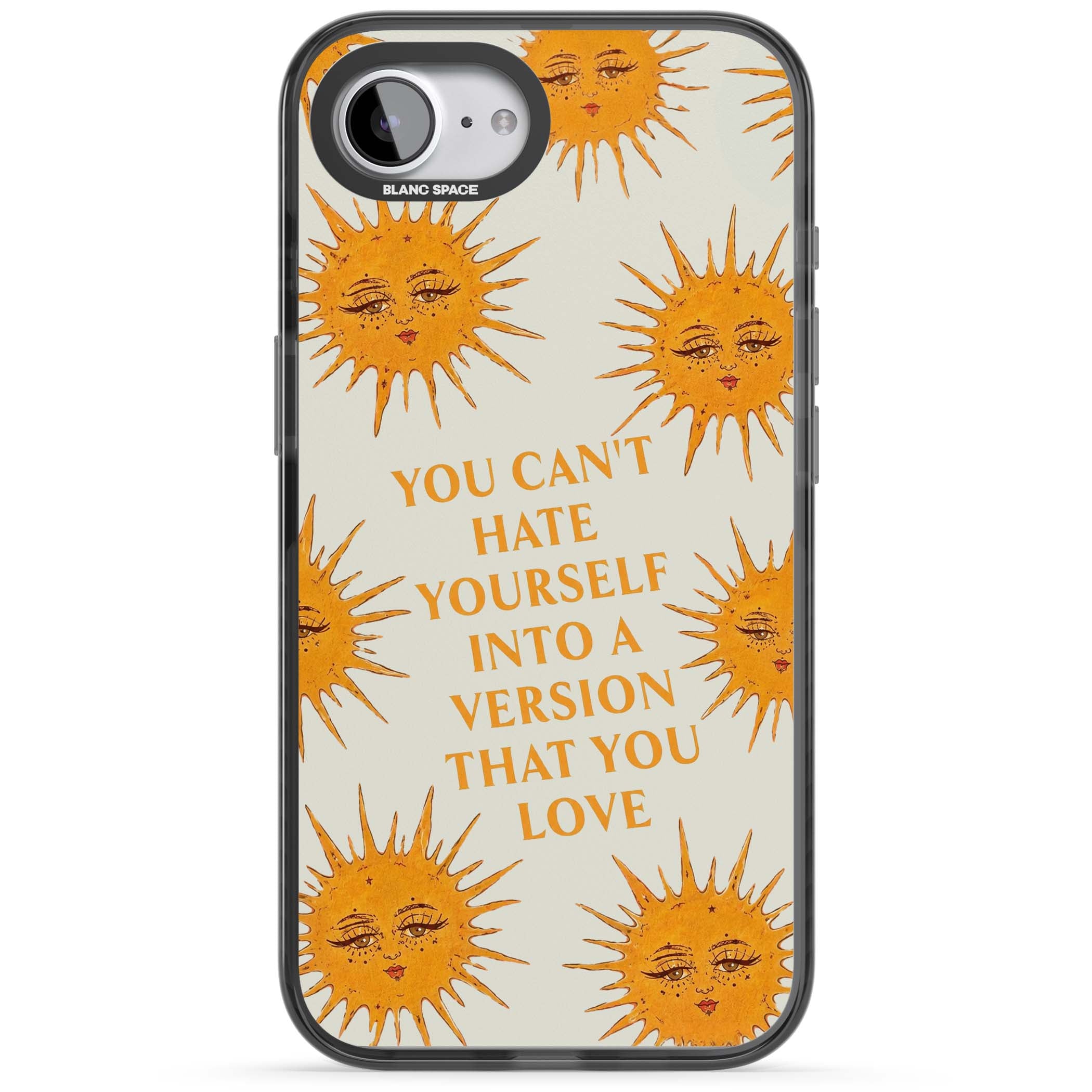 Don't Hate Yourself celestial iPhone case featuring vintage sun faces, ochre rays and a self-love quote | Black Impact case for iPhone 16e, iPhone 17e