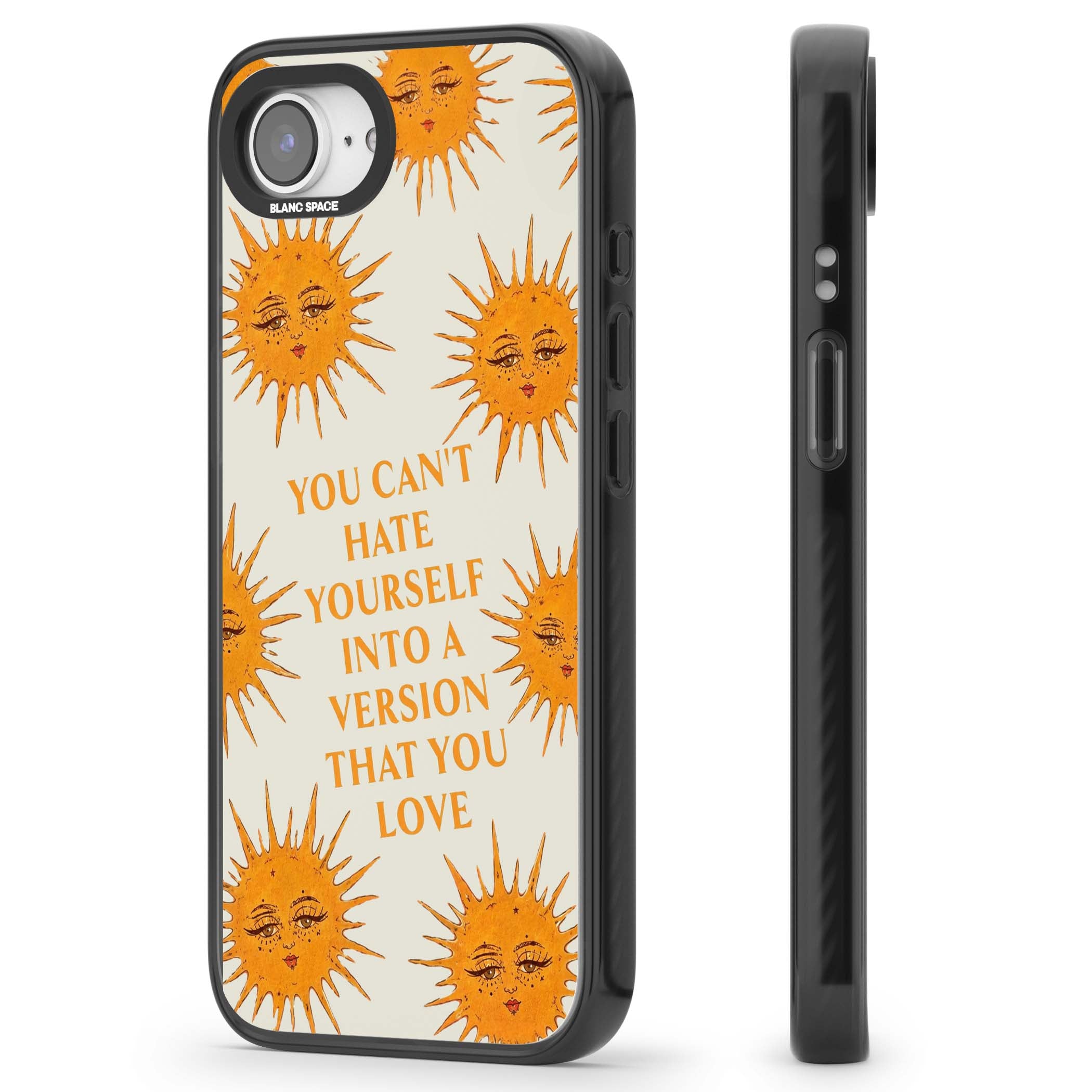 Don't Hate Yourself celestial iPhone case featuring vintage sun faces, ochre rays and a self-love quote | Black Impact case for iPhone 16e, iPhone 17e