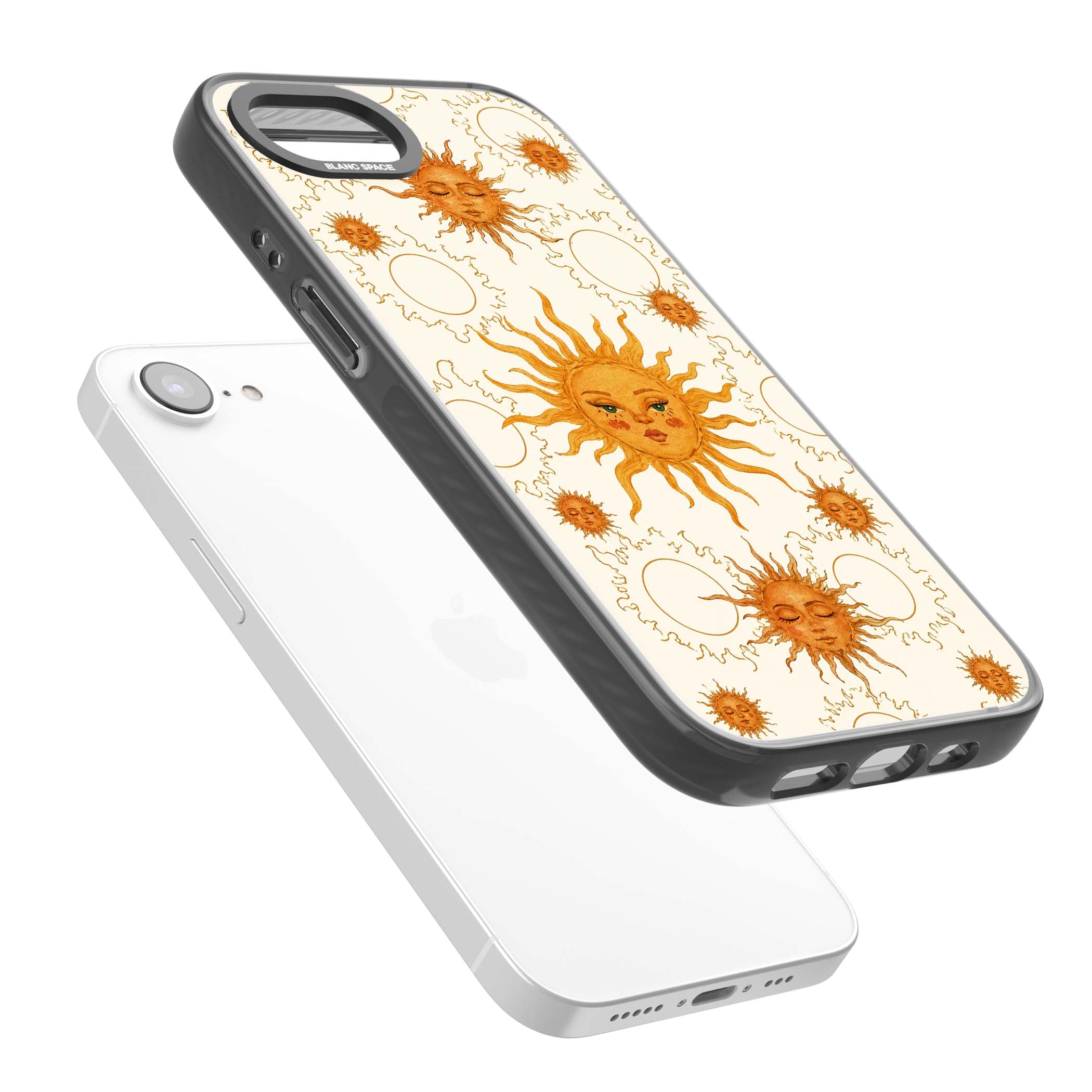 Solstice Muse celestial iPhone case featuring hand-painted golden sun faces, closed-eye sun goddesses and outlined moons... | Black Impact case for iPhone 16e, iPhone 17e