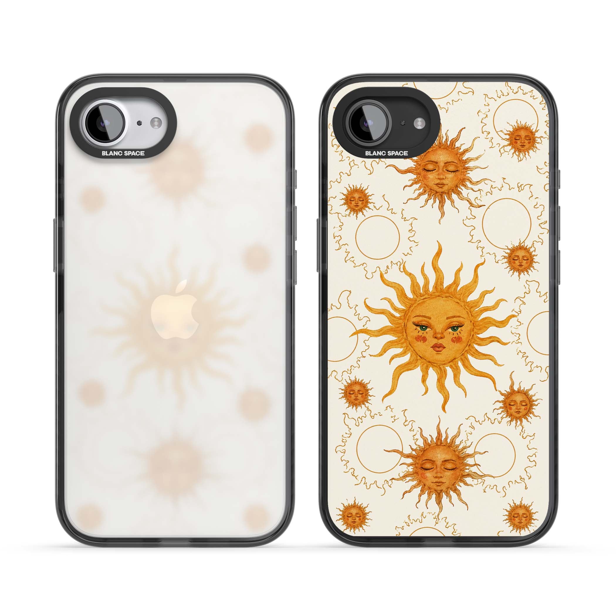 Solstice Muse celestial iPhone case featuring hand-painted golden sun faces, closed-eye sun goddesses and outlined moons... | Black Impact case for iPhone 16e, iPhone 17e