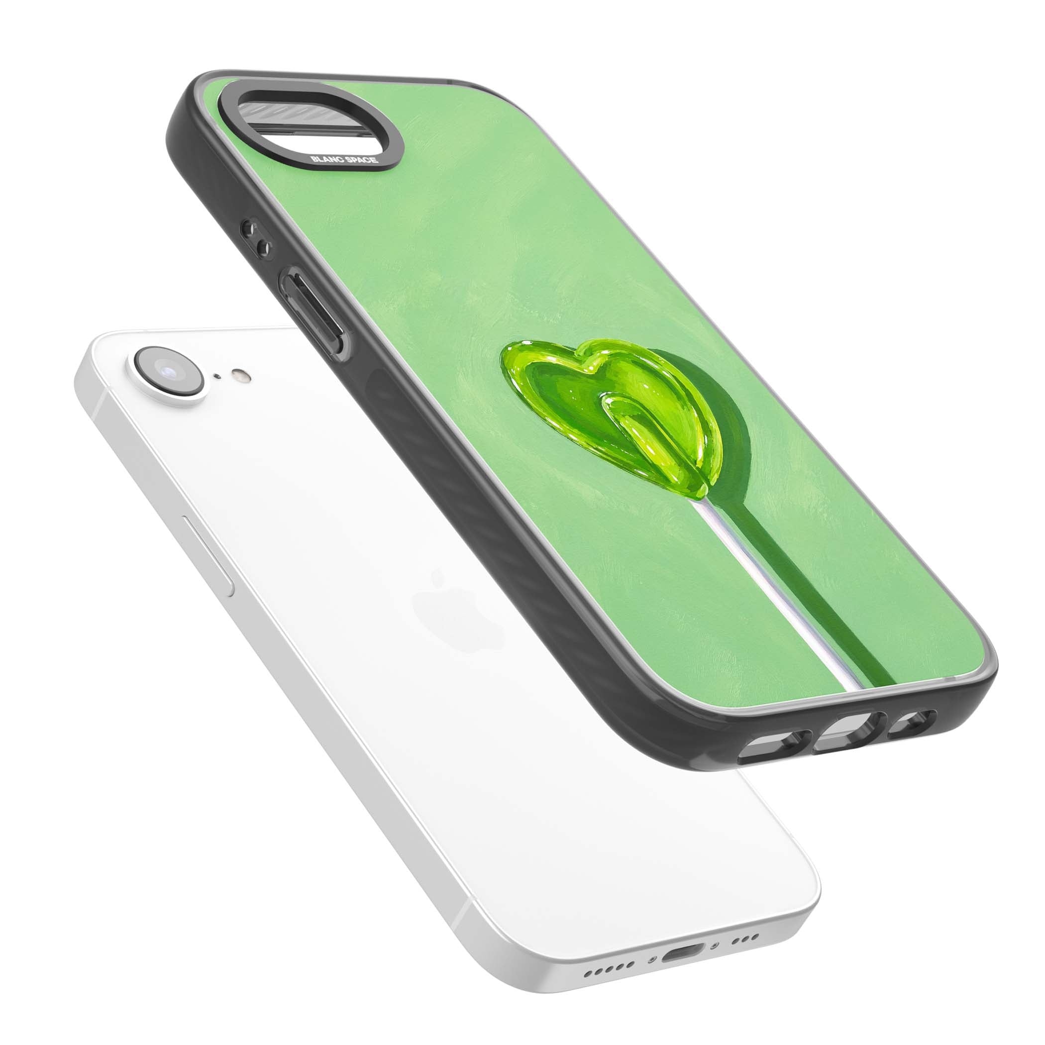 Green Lollipop candy art iPhone case featuring a glossy green heart-shaped lollipop on a painted pastel green background | Black Impact case for iPhone 16e, iPhone 17e
