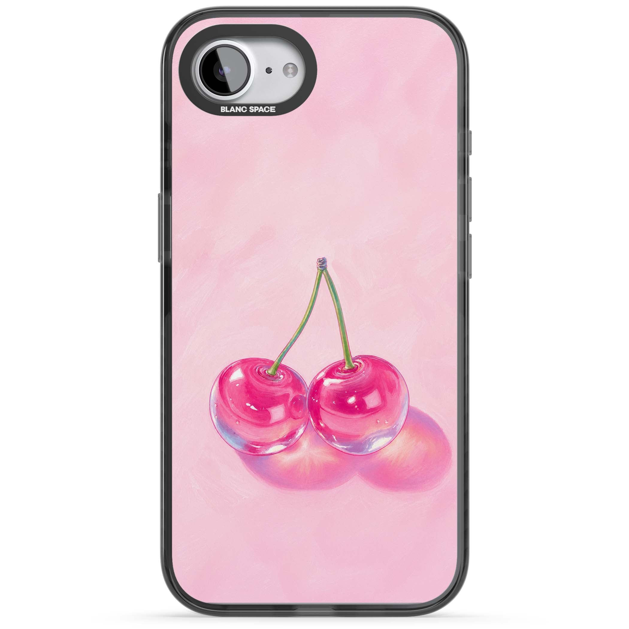 Pink Glass Cherry coquette iPhone case featuring two glossy painted cherries on a soft pink background | Black Impact case for iPhone 16e, iPhone 17e