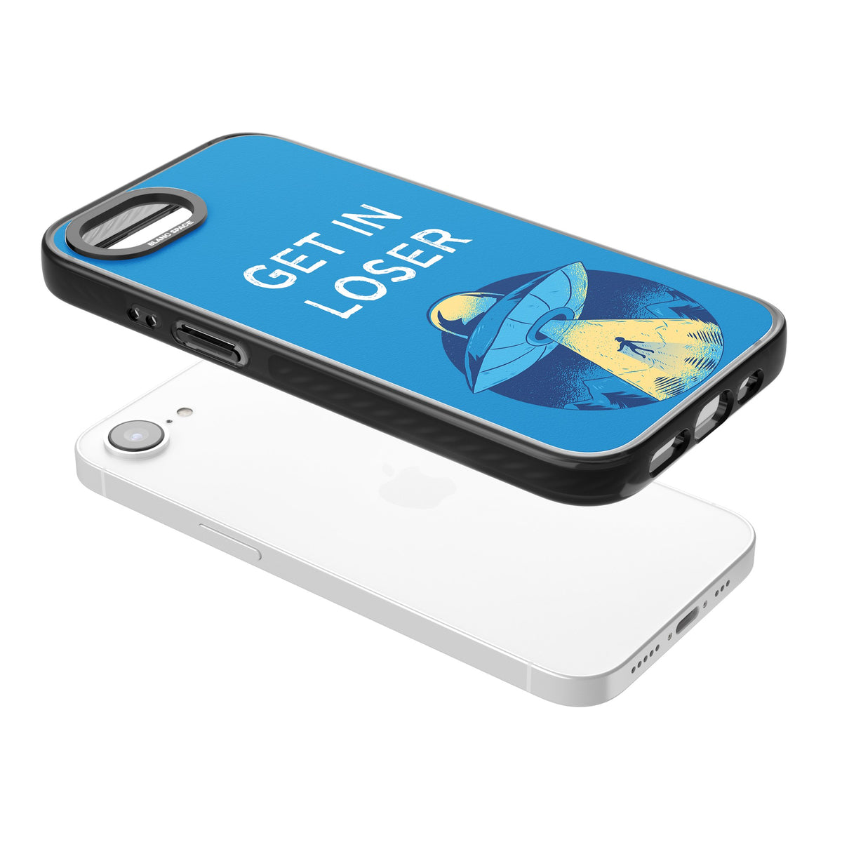 Get In Loser Ufo iPhone 16e / iPhone 17e Impact Black Phone Case angled