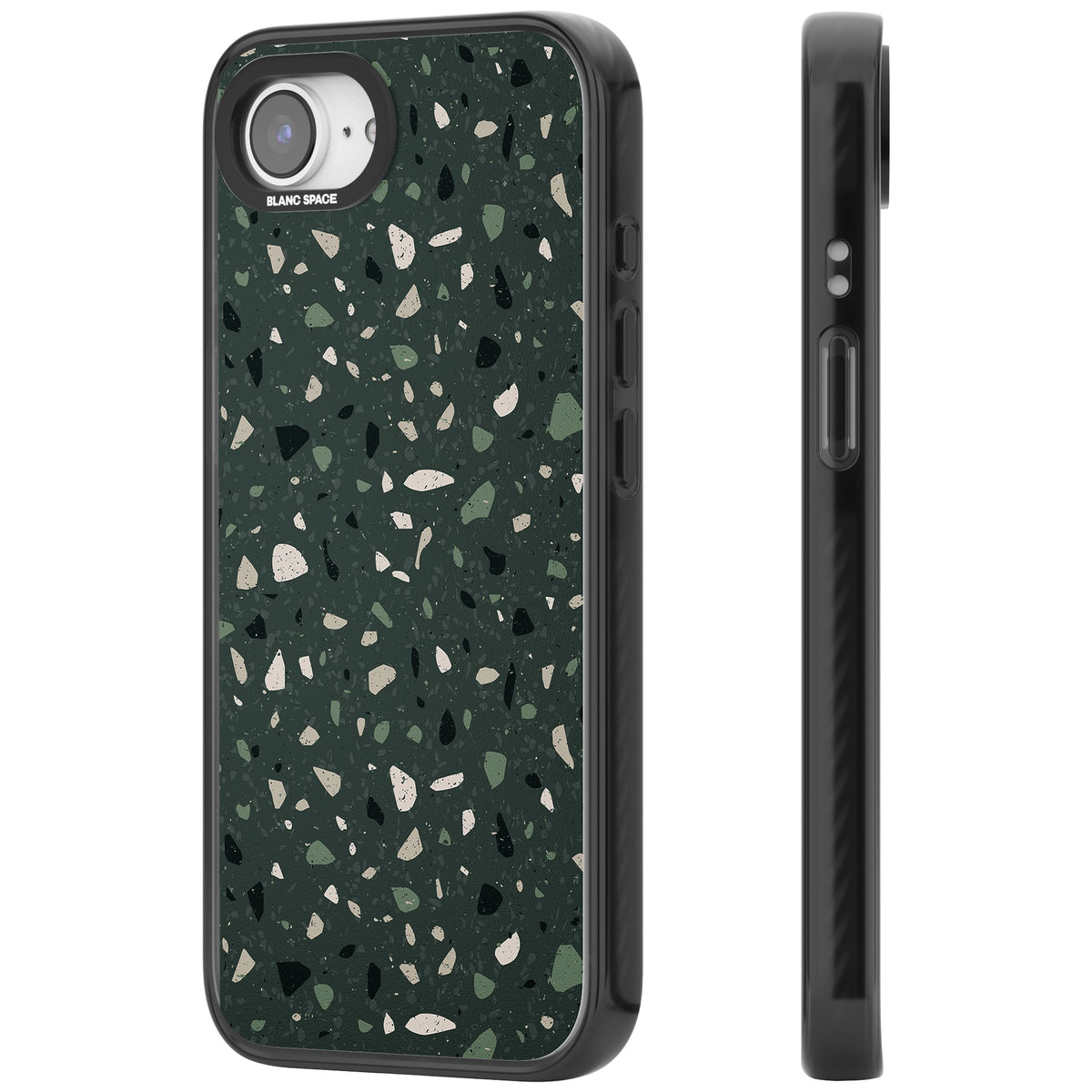 Green & Cream Terrazzo Pattern iPhone 16e / iPhone 17e Impact Black Phone Case side