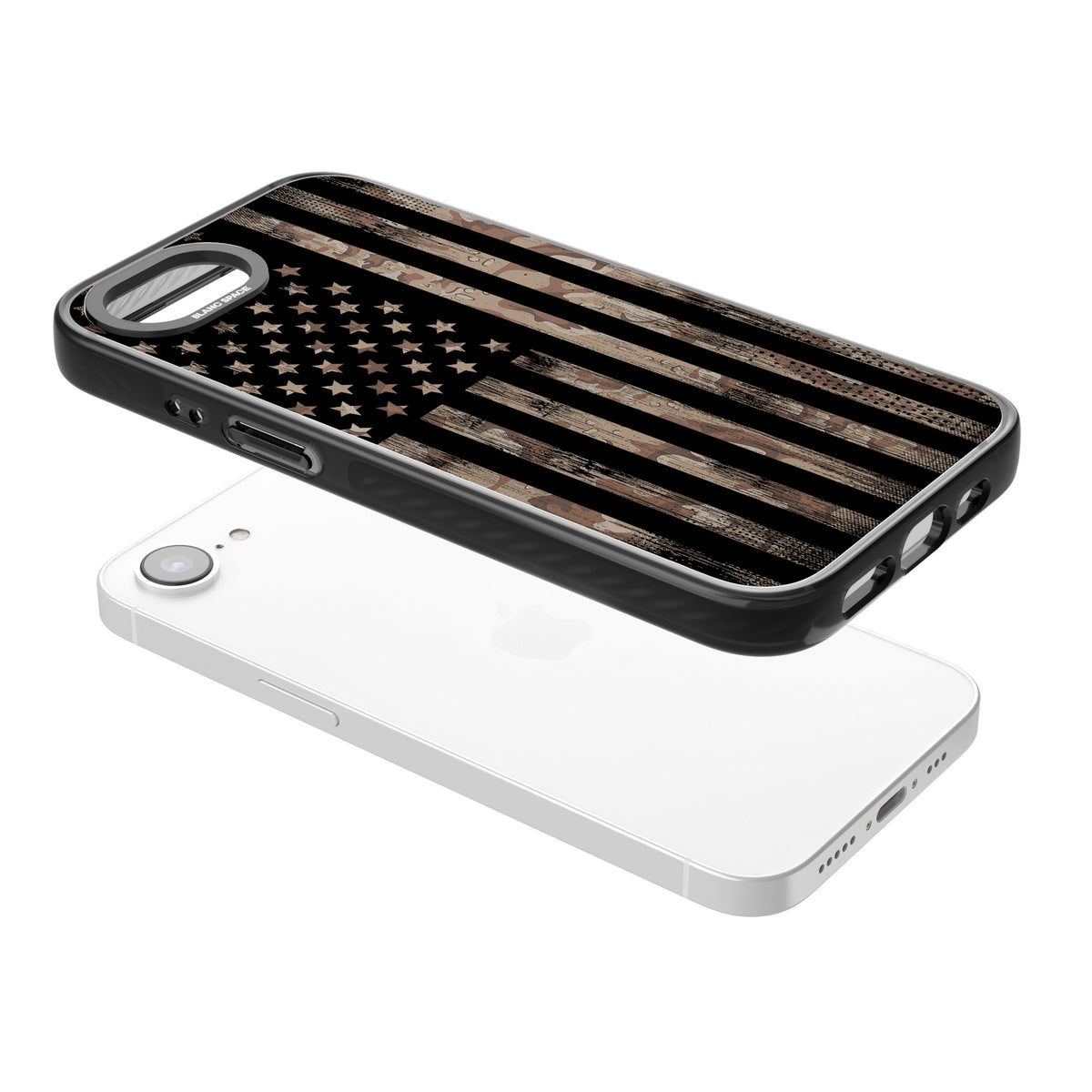 American Flag Camo iPhone 16e / iPhone 17e Impact Black Phone Case angled