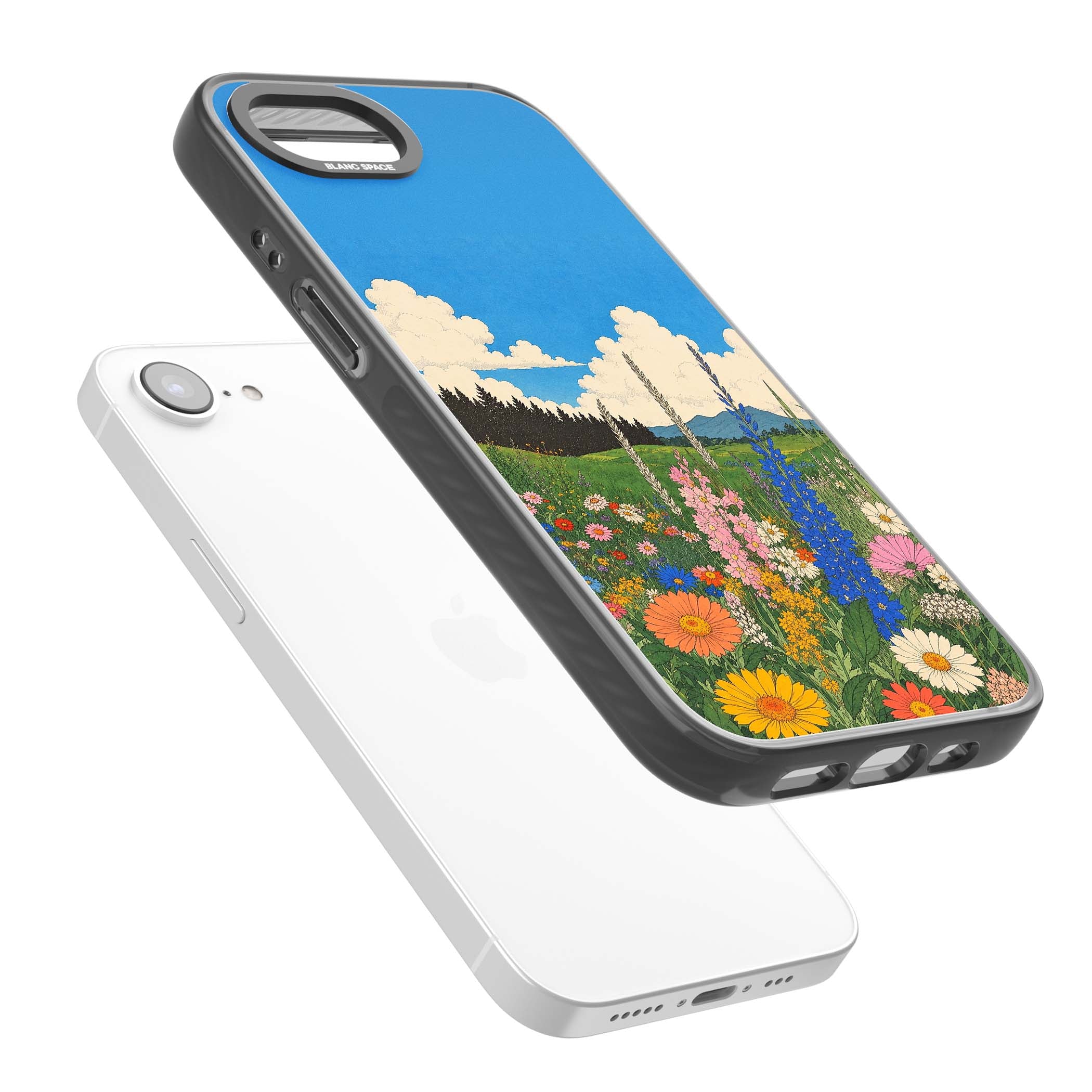 Wildbloom wildflower iPhone case featuring a vintage Japanese-style meadow landscape with daisies, delphiniums and moun | Black Impact case for iPhone 16e, iPhone 17e