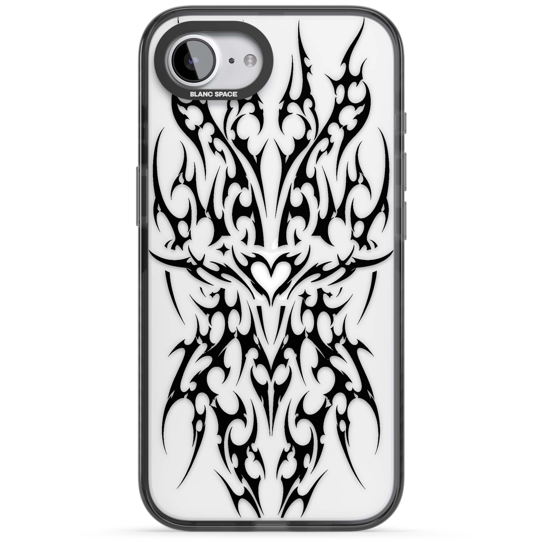 Neo Tribal Heart gothic iPhone case featuring symmetrical black tribal tattoo art with sharp thorn-like linework | Black Impact case for iPhone 16e, iPhone 17e