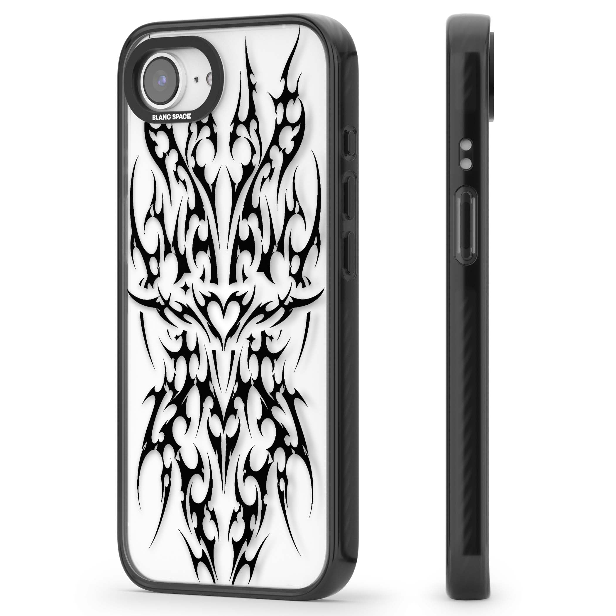 Neo Tribal Heart gothic iPhone case featuring symmetrical black tribal tattoo art with sharp thorn-like linework | Black Impact case for iPhone 16e, iPhone 17e