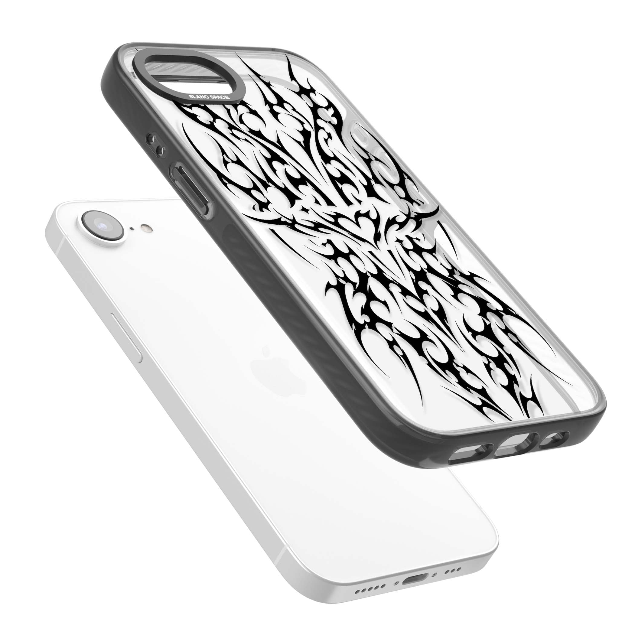 Neo Tribal Heart gothic iPhone case featuring symmetrical black tribal tattoo art with sharp thorn-like linework | Black Impact case for iPhone 16e, iPhone 17e