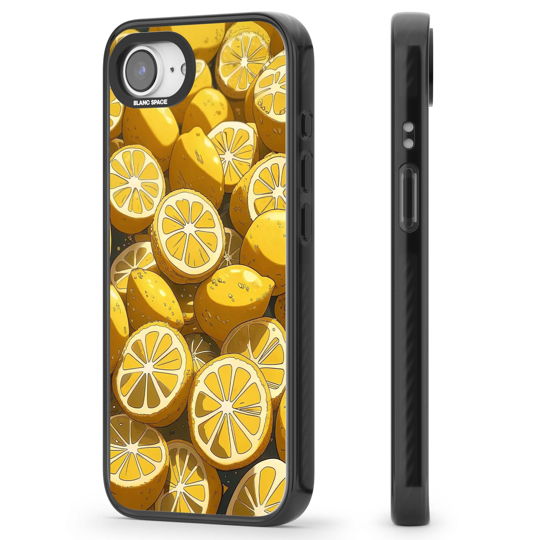 Zesty coastal iPhone case featuring illustrated Mediterranean lemons and citrus slices in golden yellow | Black Impact case for iPhone 16e, iPhone 17e