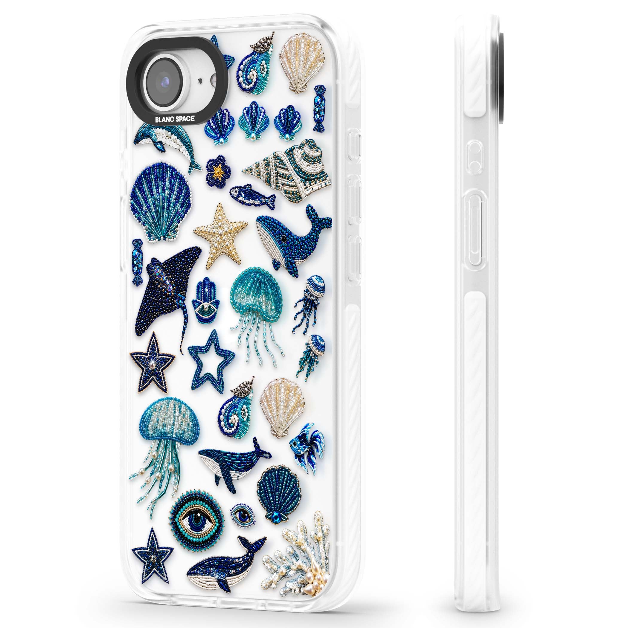 Beaded Coastal coastal iPhone case featuring embroidered seashells, jellyfish and a blue whale on clear | Clear Impact case for iPhone 16e, iPhone 17e