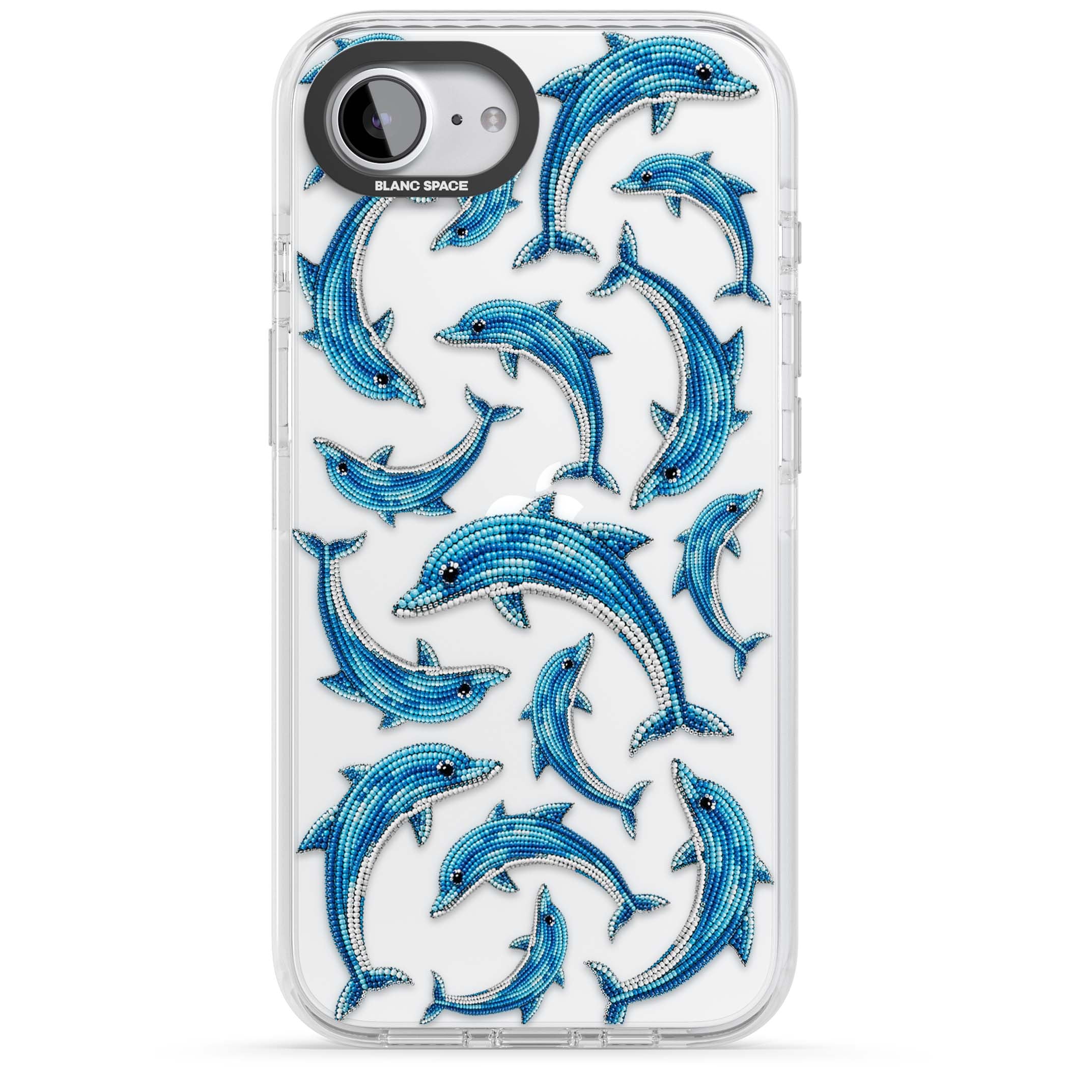 Beaded Dolphins coastal iPhone case featuring beaded dolphins in blue and white swimming across a clear background | Clear Impact case for iPhone 16e, iPhone 17e