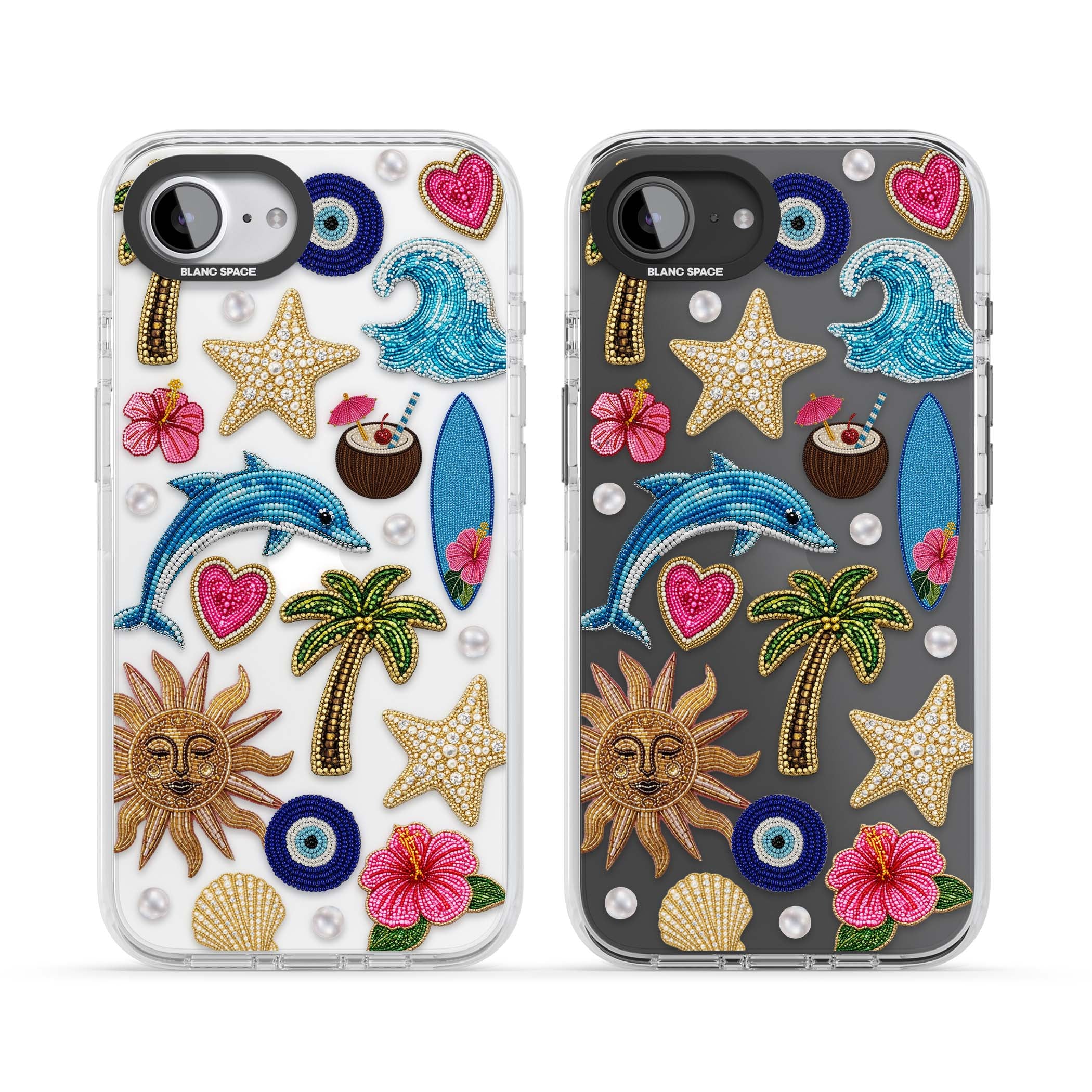 Beaded Beach coastal summer iPhone case featuring embroidered evil eye, hibiscus flowers, dolphin and palm tree patches | Clear Impact case for iPhone 16e, iPhone 17e