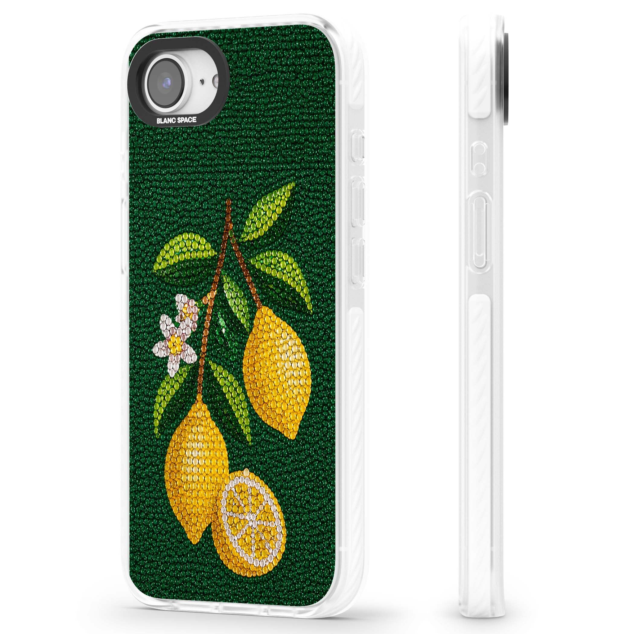 Beaded Lemons coastal iPhone case featuring crystal-beaded lemons, citrus blossom and green leaves on emerald ground | Clear Impact case for iPhone 16e, iPhone 17e
