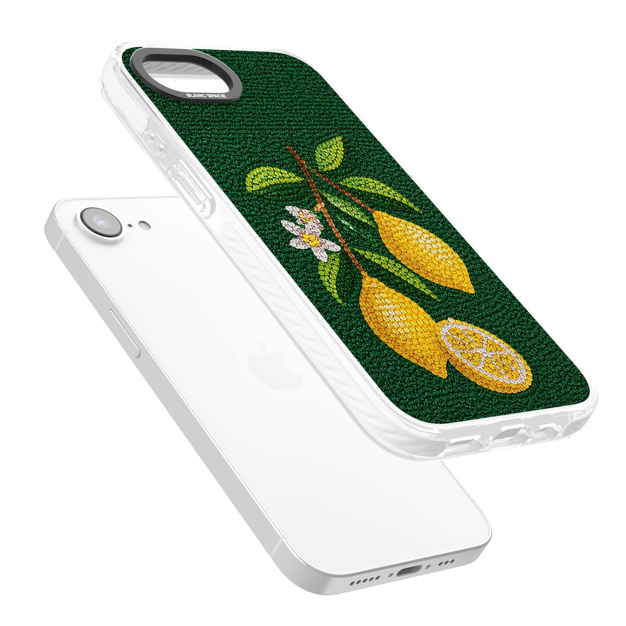 Beaded Lemons coastal iPhone case featuring crystal-beaded lemons, citrus blossom and green leaves on emerald ground | Clear Impact case for iPhone 16e, iPhone 17e