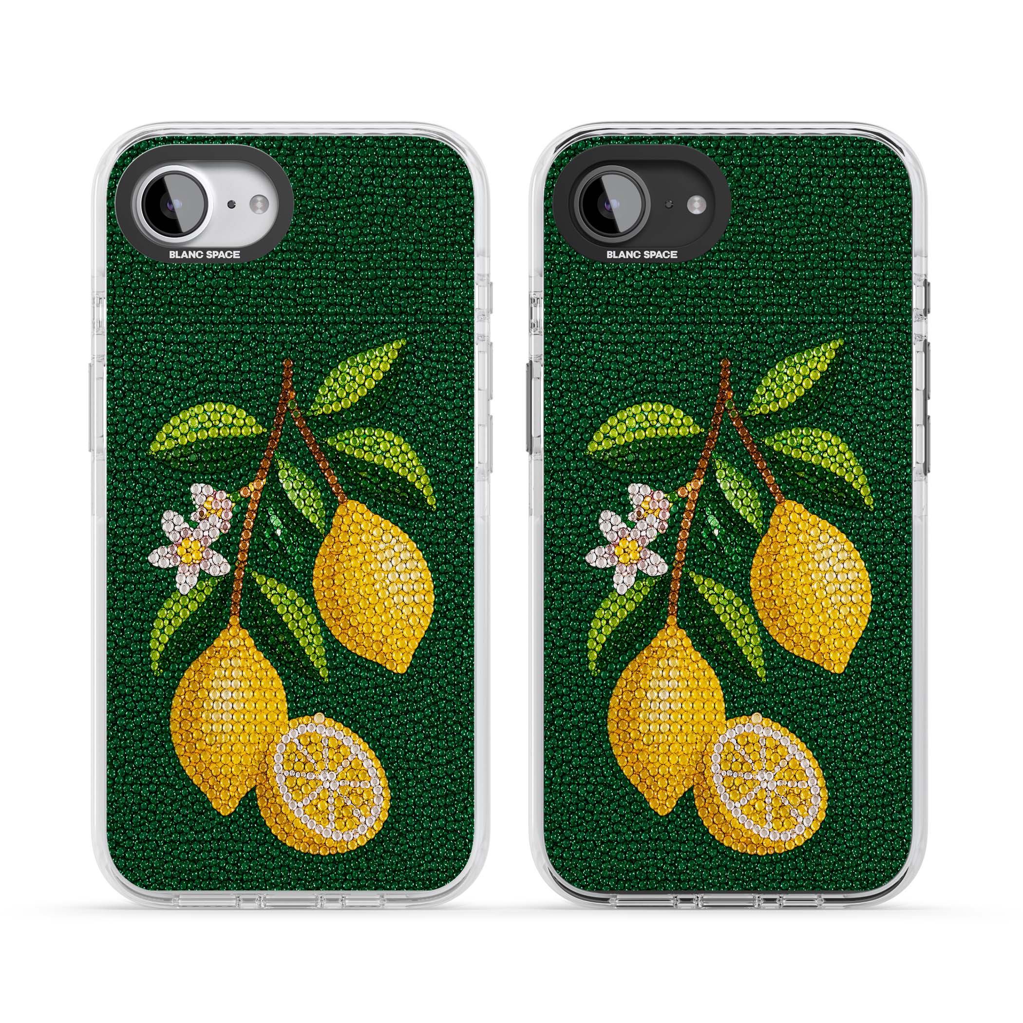 Beaded Lemons coastal iPhone case featuring crystal-beaded lemons, citrus blossom and green leaves on emerald ground | Clear Impact case for iPhone 16e, iPhone 17e