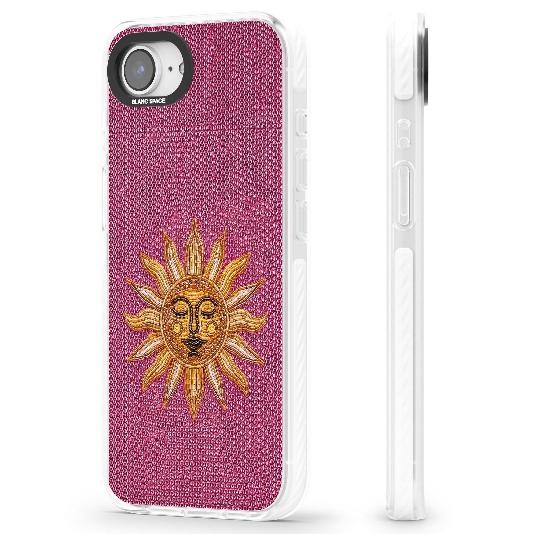 Beaded Sun celestial iPhone case featuring a golden beaded sun face with radiant rays on hot pink beaded background | Clear Impact case for iPhone 16e, iPhone 17e
