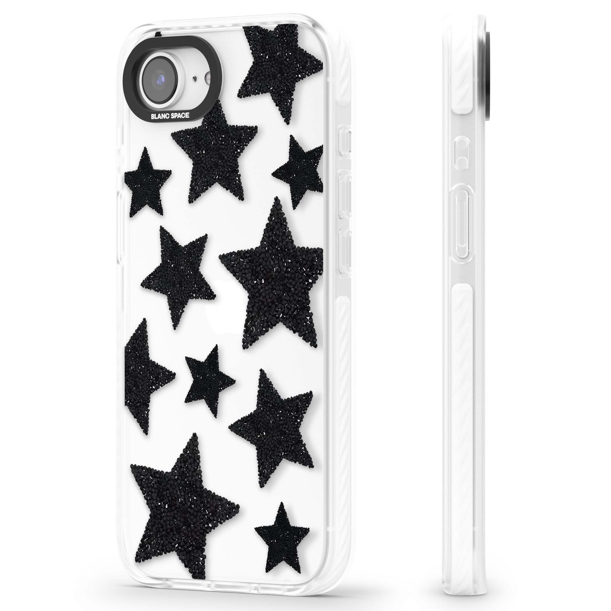 Beaded Black Stars celestial iPhone case featuring black glitter beaded stars scattered on a clear background | Clear Impact case for iPhone 16e, iPhone 17e