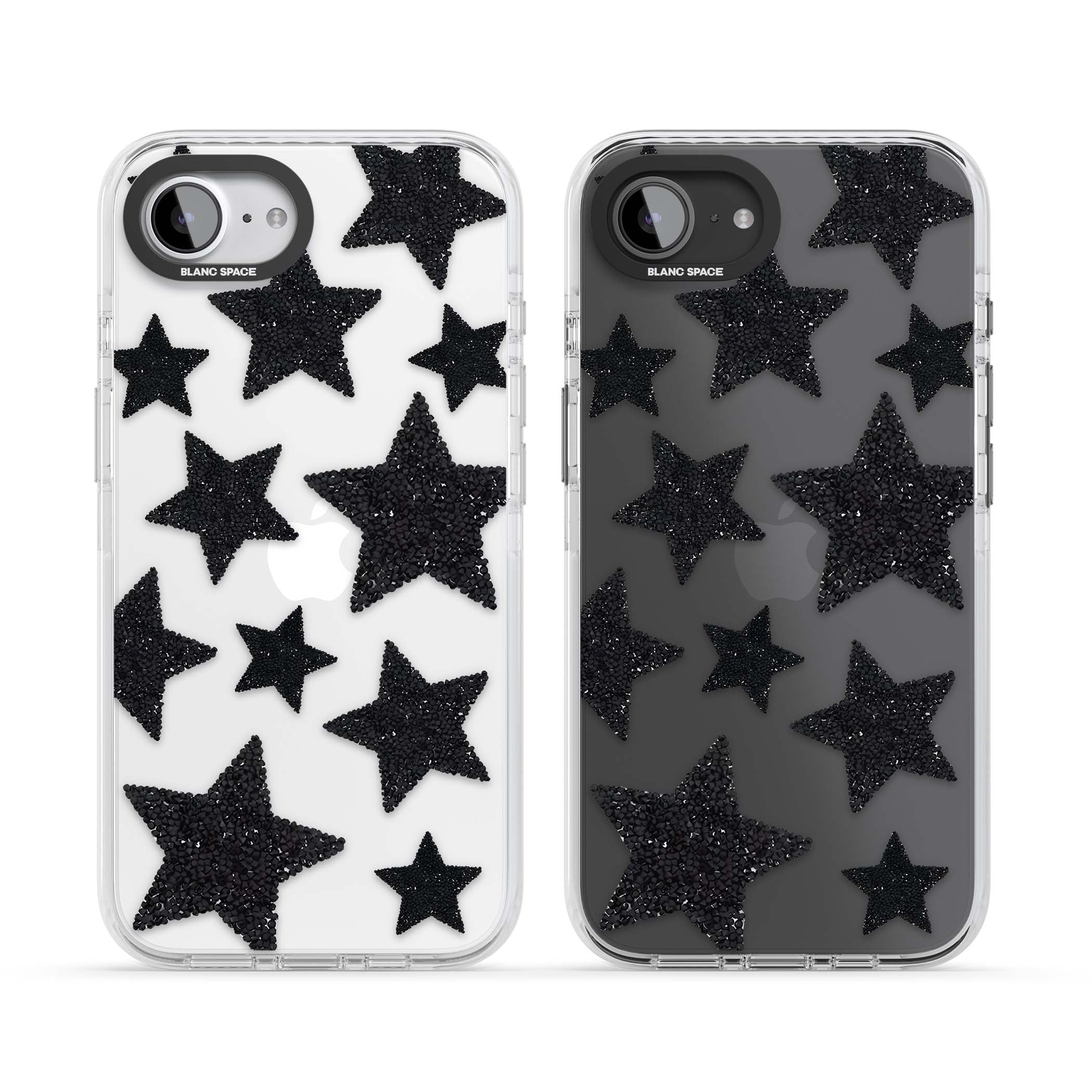 Beaded Black Stars celestial iPhone case featuring black glitter beaded stars scattered on a clear background | Clear Impact case for iPhone 16e, iPhone 17e