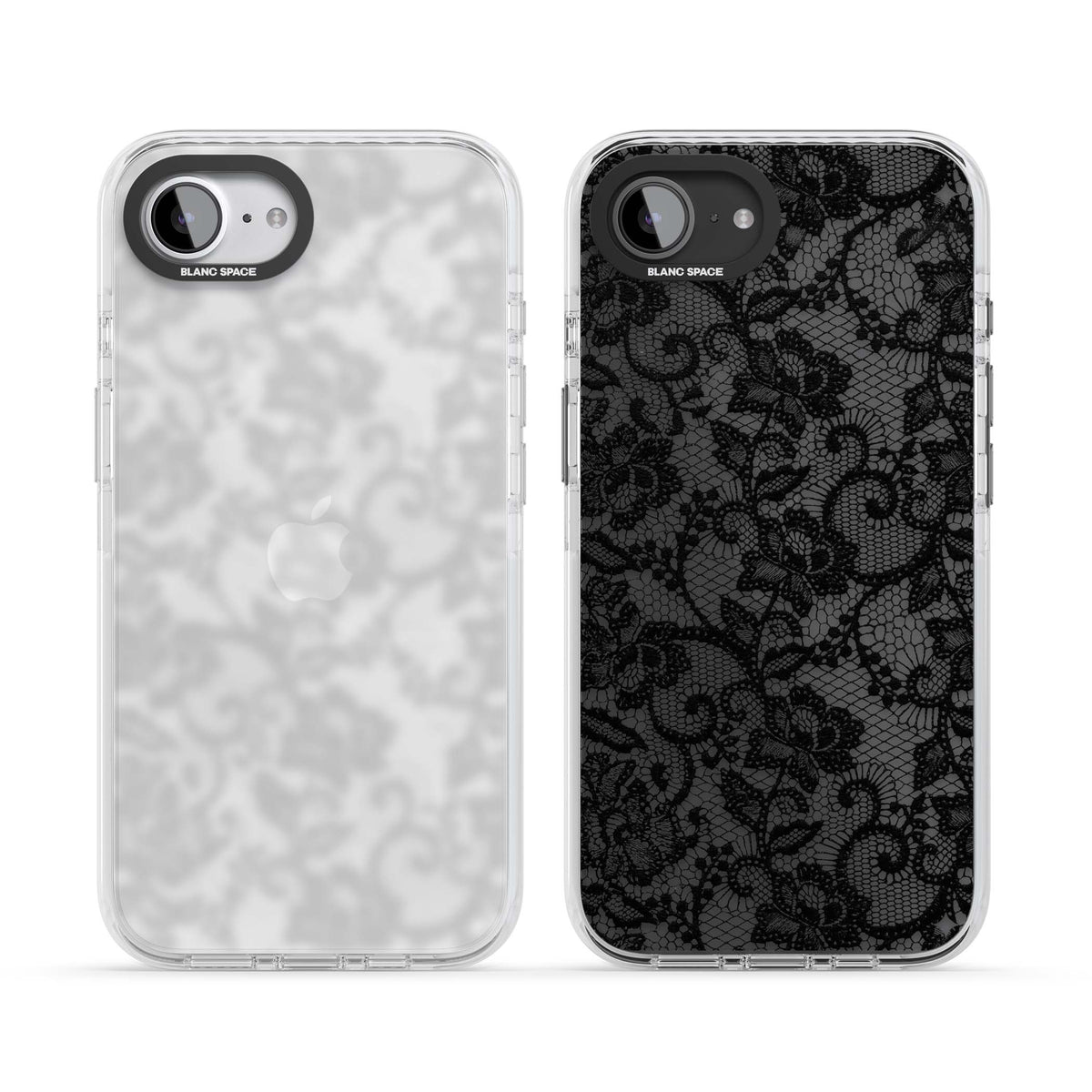 Black Lace gothic iPhone case featuring intricate black floral lace pattern with vintage whimsigoth detail | Clear Impact case for iPhone 16e, iPhone 17e