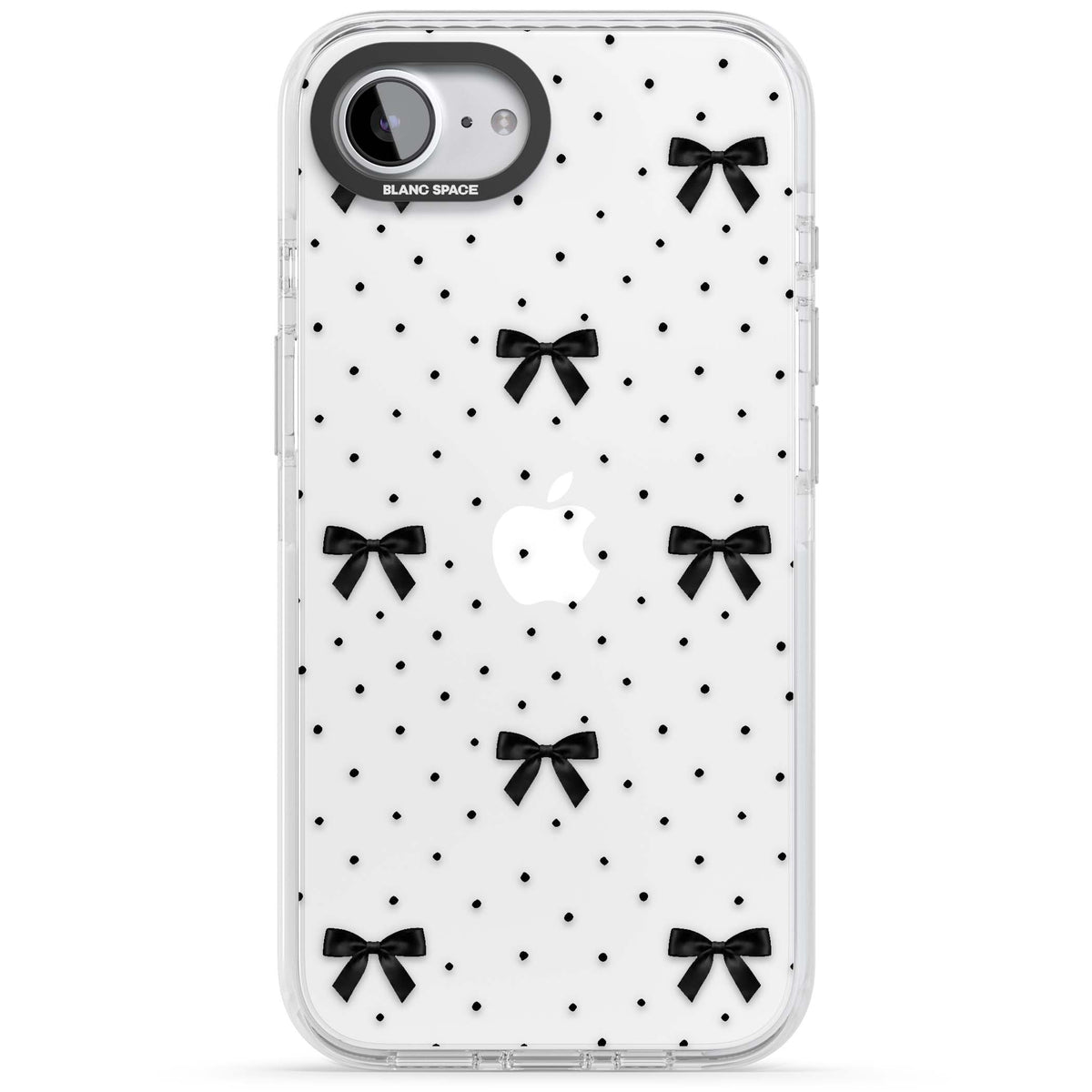 Black Polka Bows coquette iPhone case featuring scattered black satin bows and tiny polka dots on a clear base | Clear Impact case for iPhone 16e, iPhone 17e