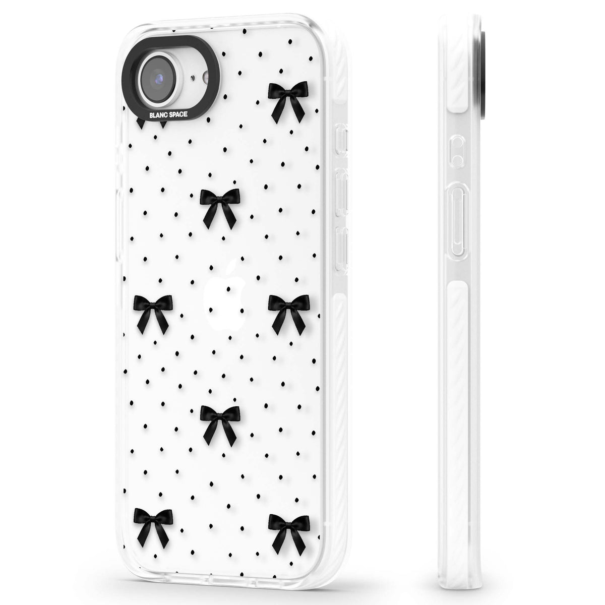 Black Polka Bows coquette iPhone case featuring scattered black satin bows and tiny polka dots on a clear base | Clear Impact case for iPhone 16e, iPhone 17e