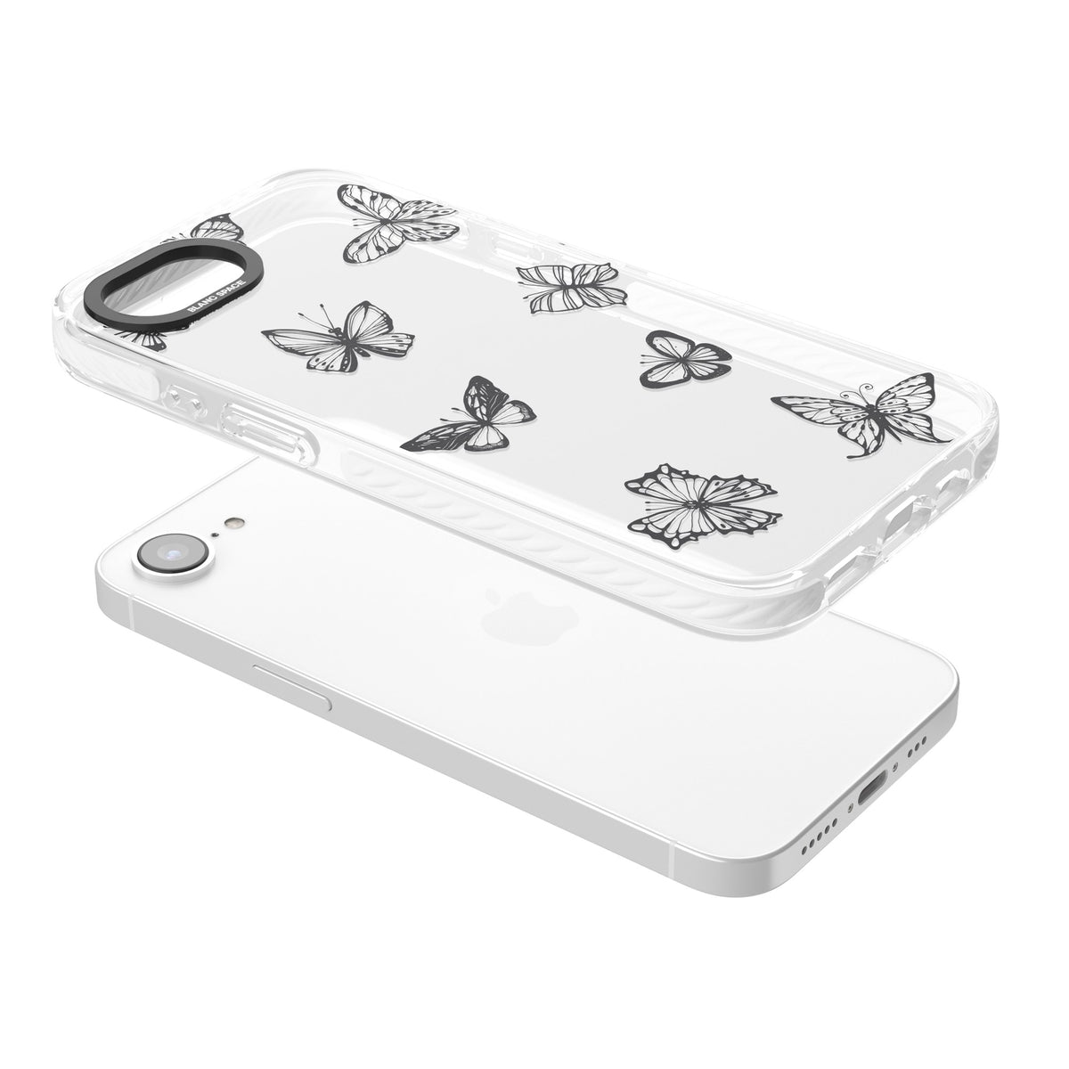 Grey Butterfly Line Pattern iPhone 16e / iPhone 17e Impact Clear Phone Case angled