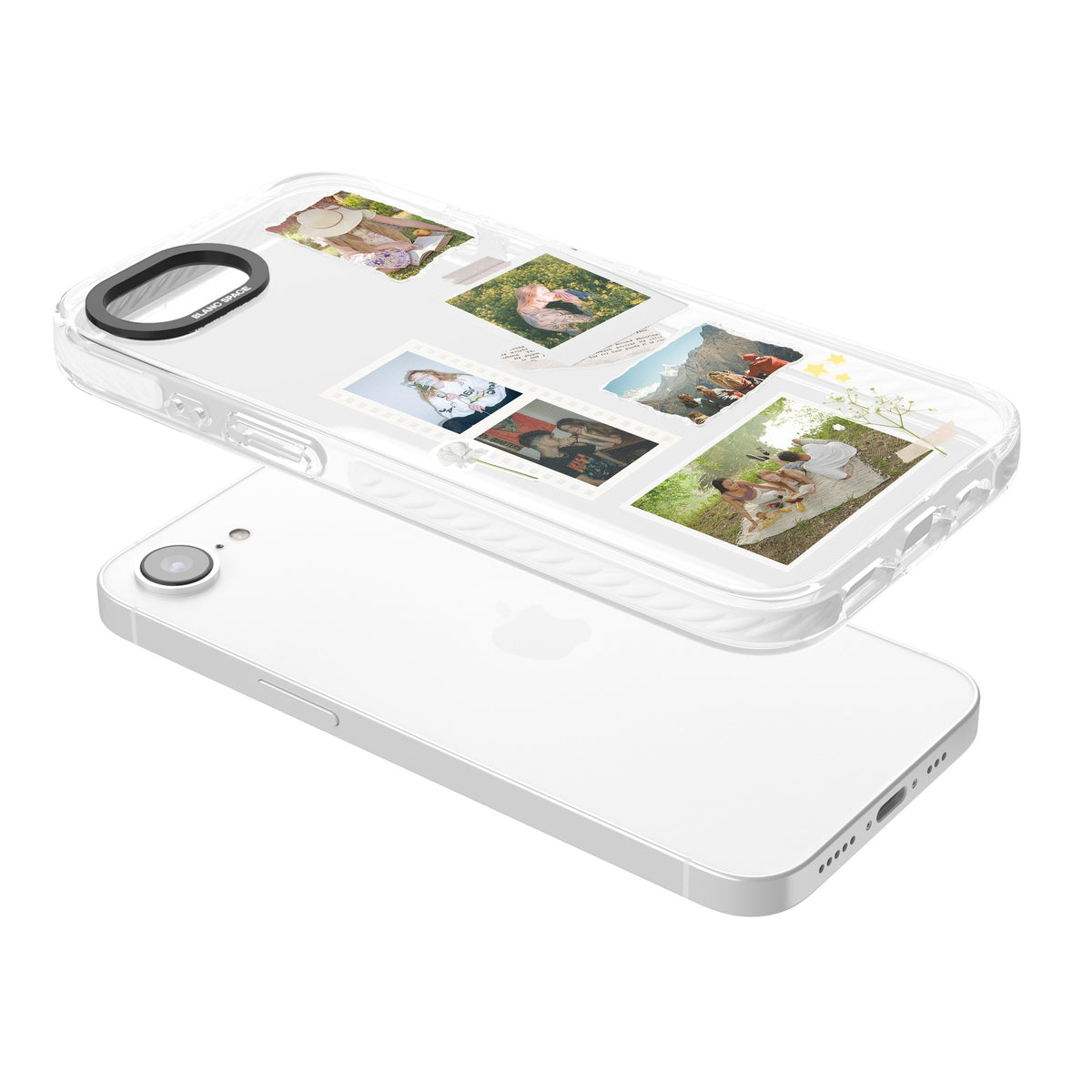 Personalised Scrapbook Instant Photos iPhone 16e / iPhone 17e Impact Clear Phone Case angled