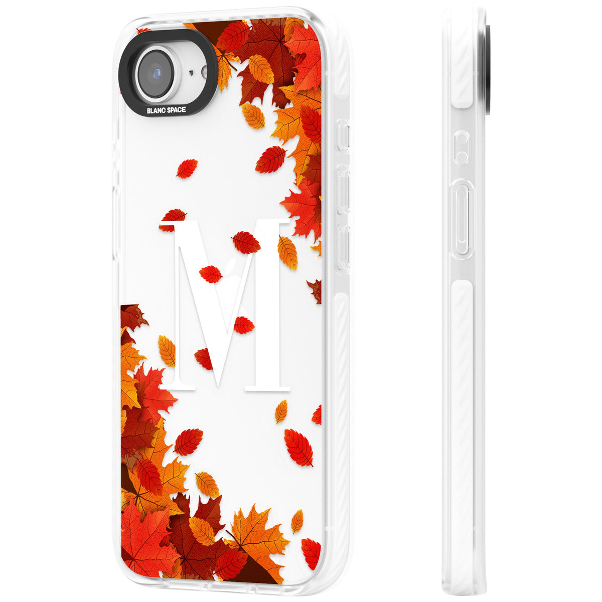 Personalised Autumn Leaves Monogram iPhone 16e / iPhone 17e Impact Clear Phone Case side