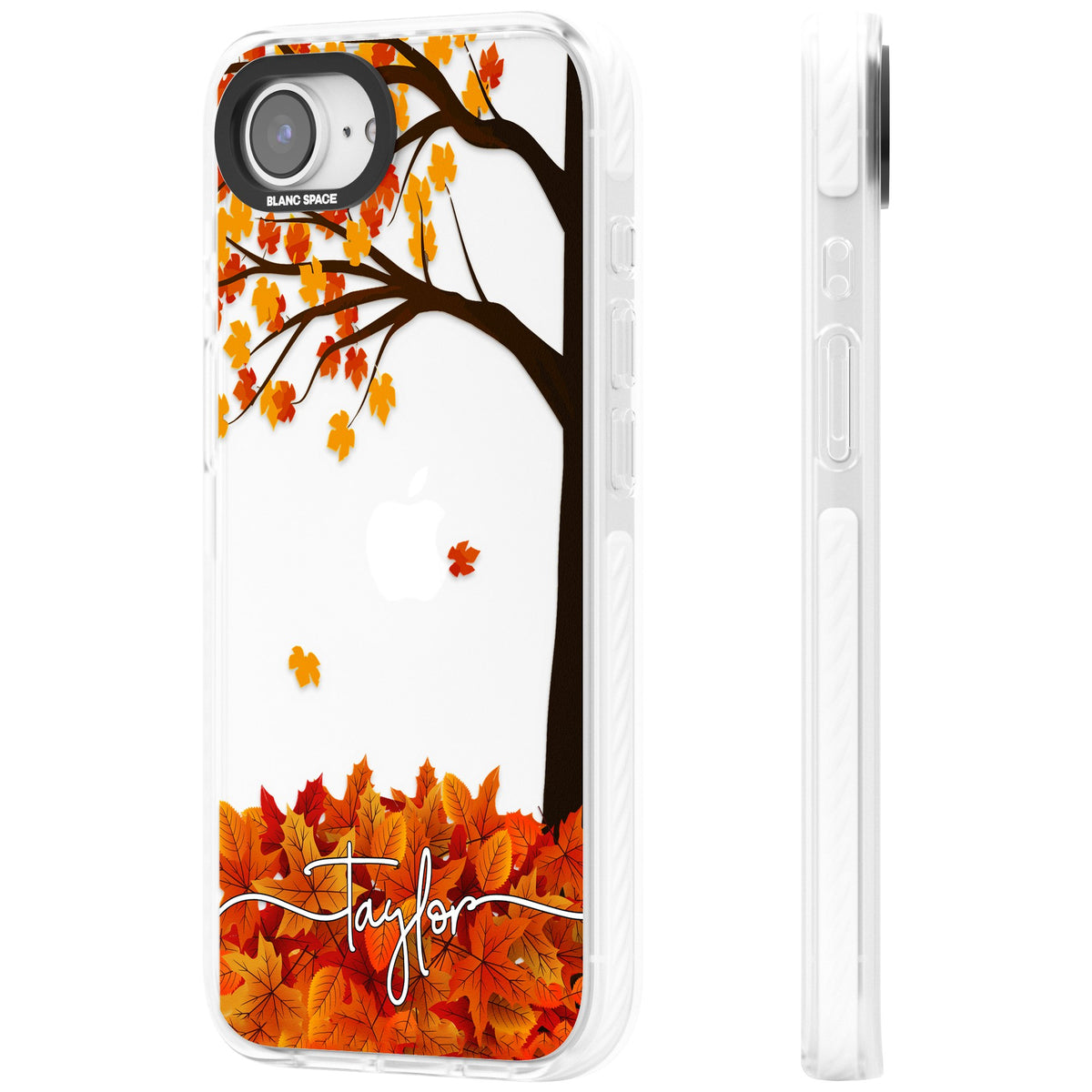 Personalised Autumn Leaves iPhone 16e / iPhone 17e Impact Clear Phone Case side
