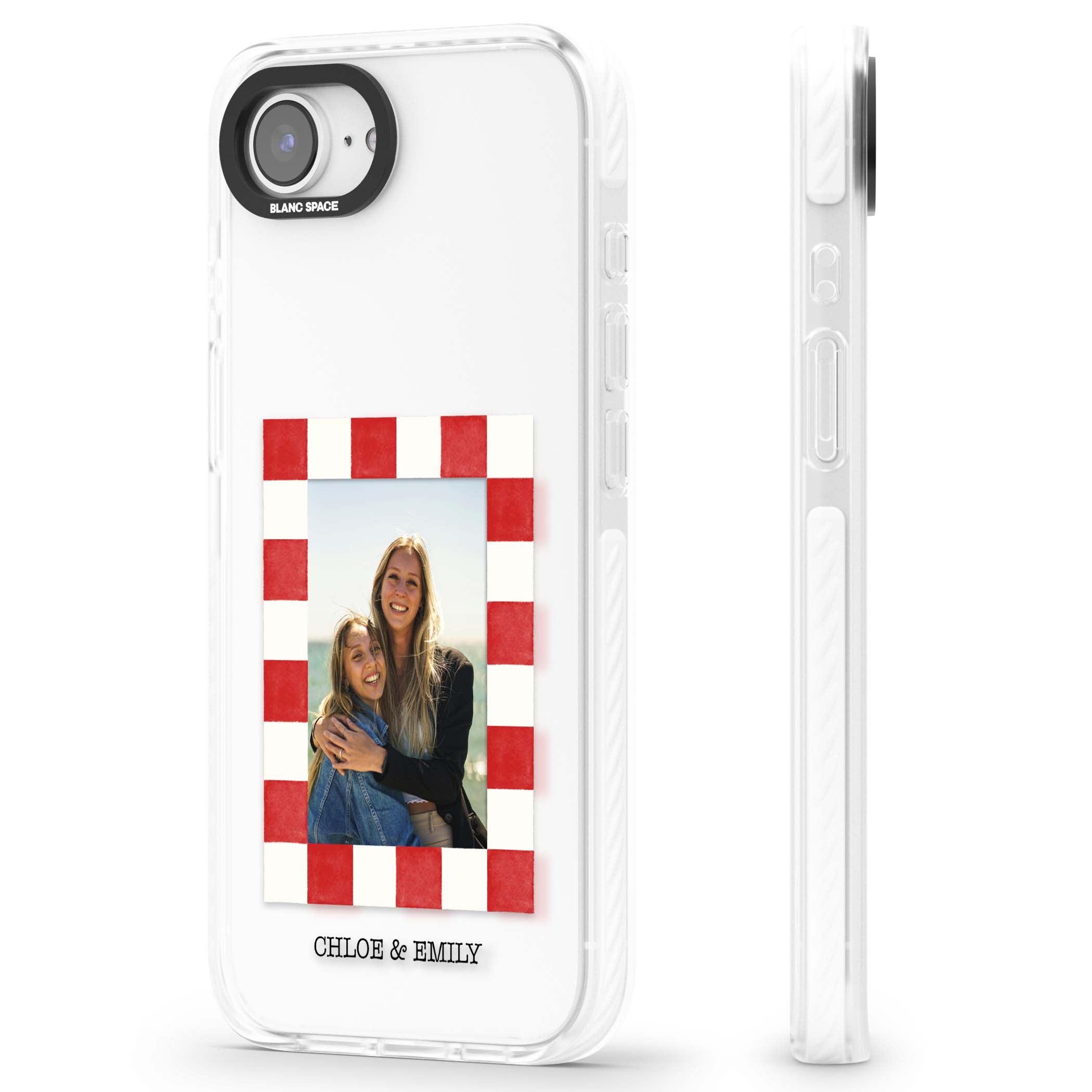 Red Check Photo personalised photo iPhone case with red and white checkered polaroid frame and custom couple name | Clear Impact case for iPhone 16e, iPhone 17e