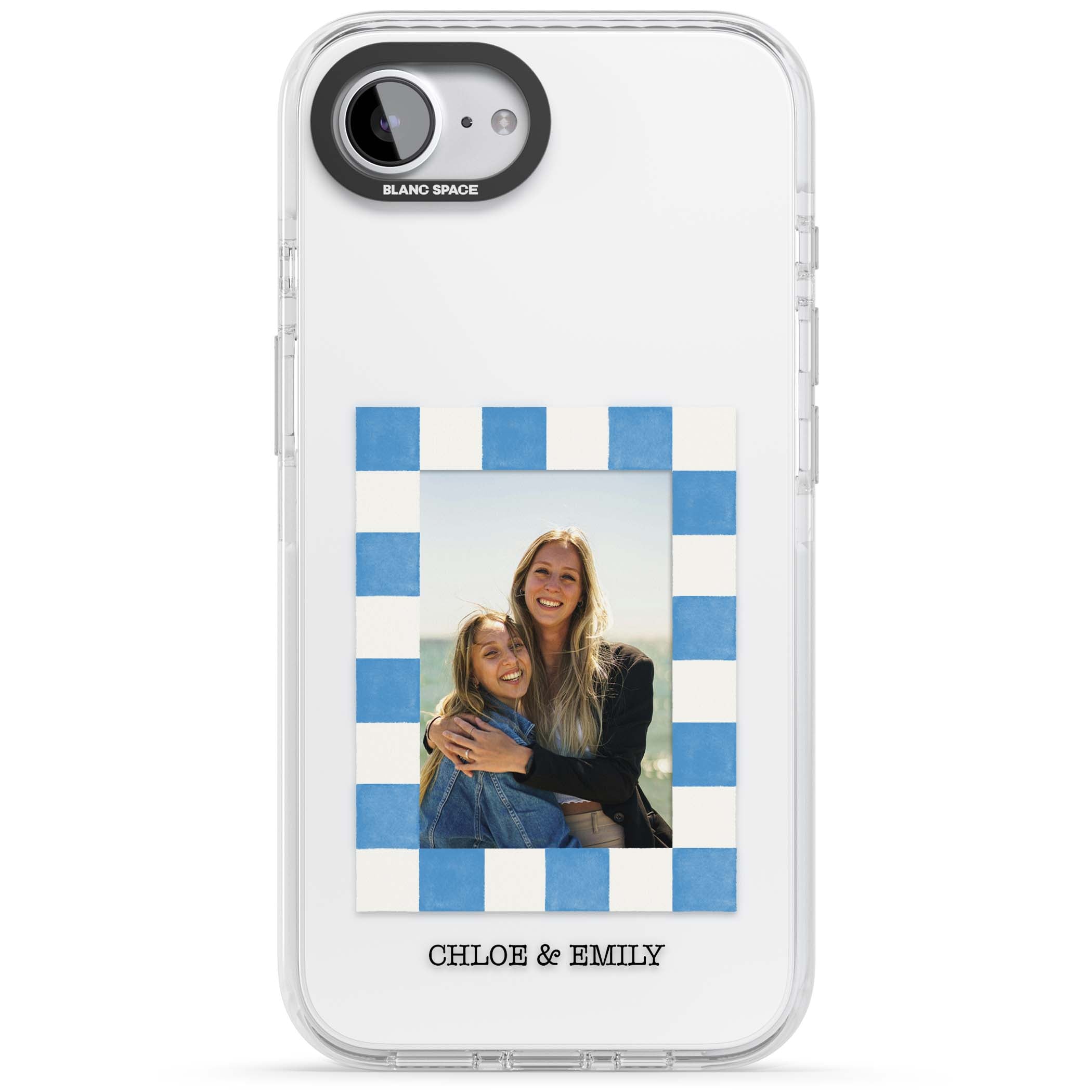 Blue Check Photo personalised photo iPhone case with blue checkered frame and custom couple names | Clear Impact case for iPhone 16e, iPhone 17e
