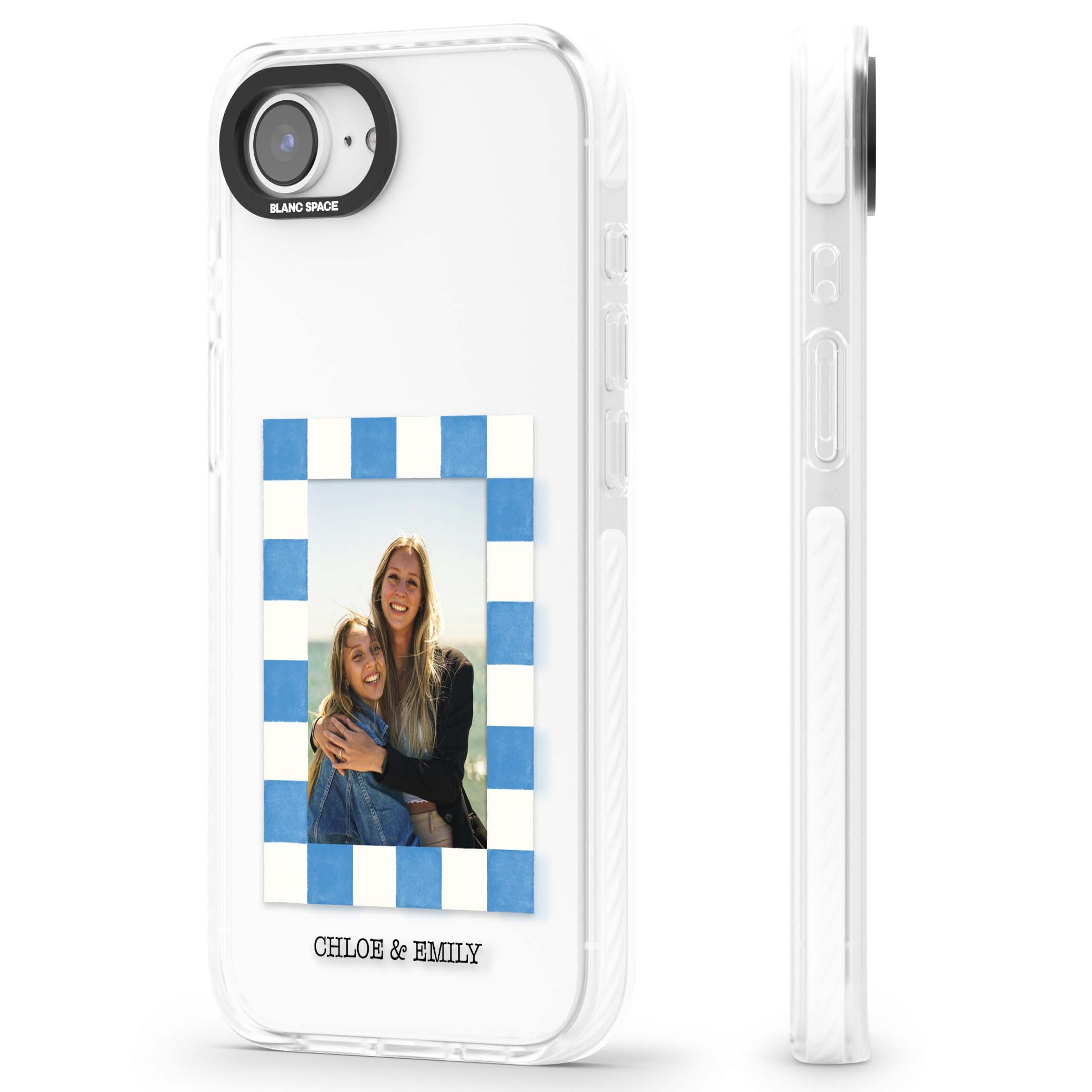 Blue Check Photo personalised photo iPhone case with blue checkered frame and custom couple names | Clear Impact case for iPhone 16e, iPhone 17e