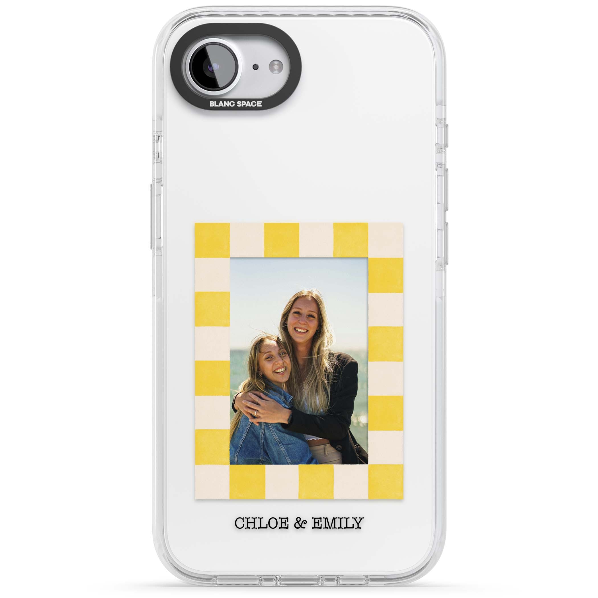 Yellow Check Photo personalised iPhone case with yellow checkered Polaroid frame and custom names beneath | Clear Impact case for iPhone 16e, iPhone 17e