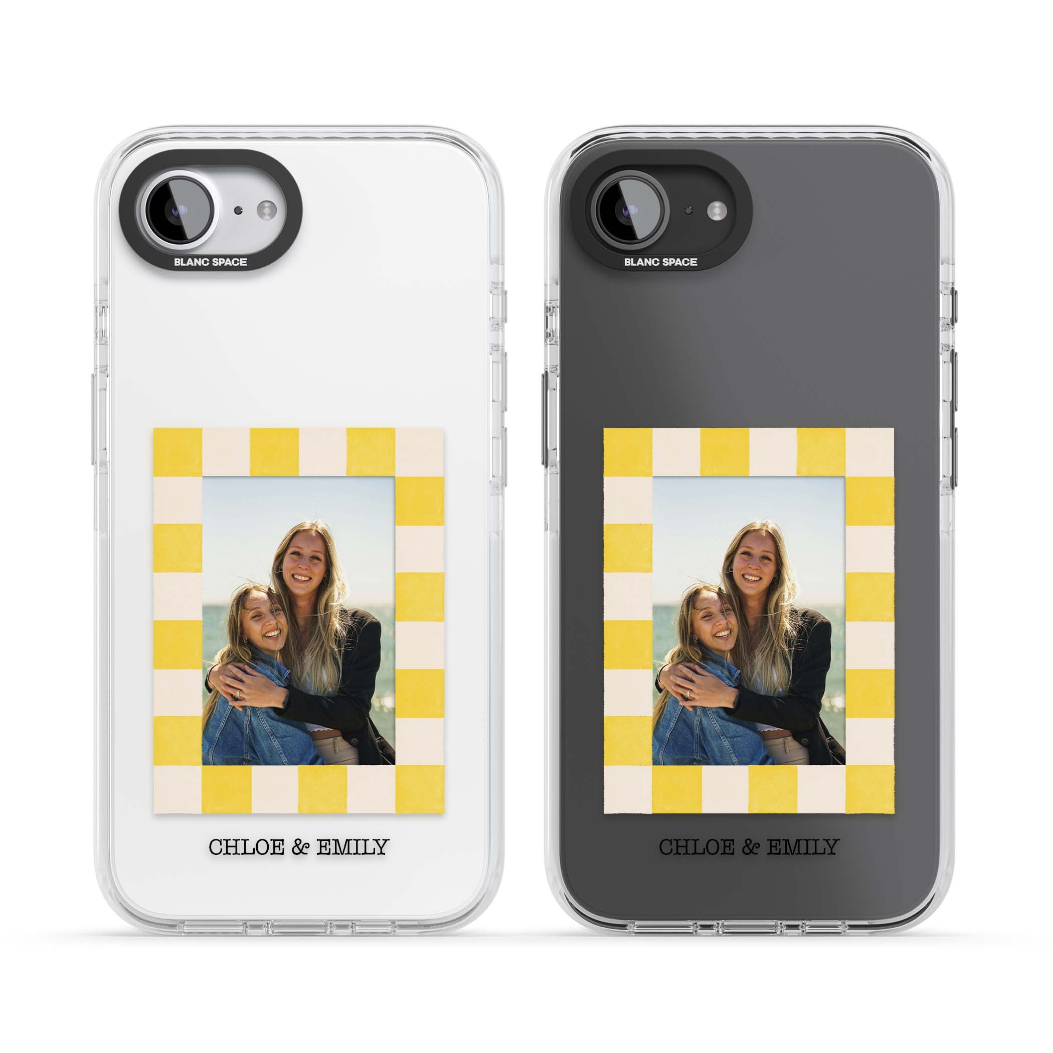 Yellow Check Photo personalised iPhone case with yellow checkered Polaroid frame and custom names beneath | Clear Impact case for iPhone 16e, iPhone 17e