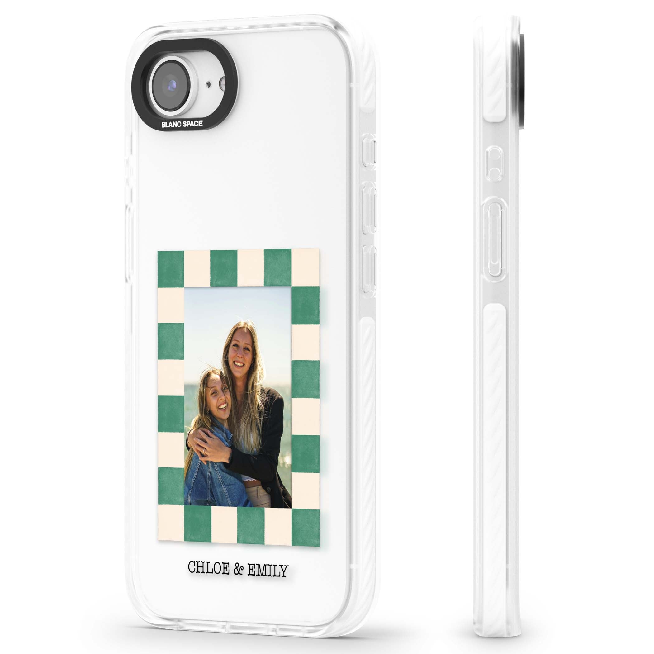 Seafoam Check Photo personalised iPhone case featuring a custom polaroid photo, green and cream checkered frame, and custom n | Clear Impact case for iPhone 16e, iPhone 17e