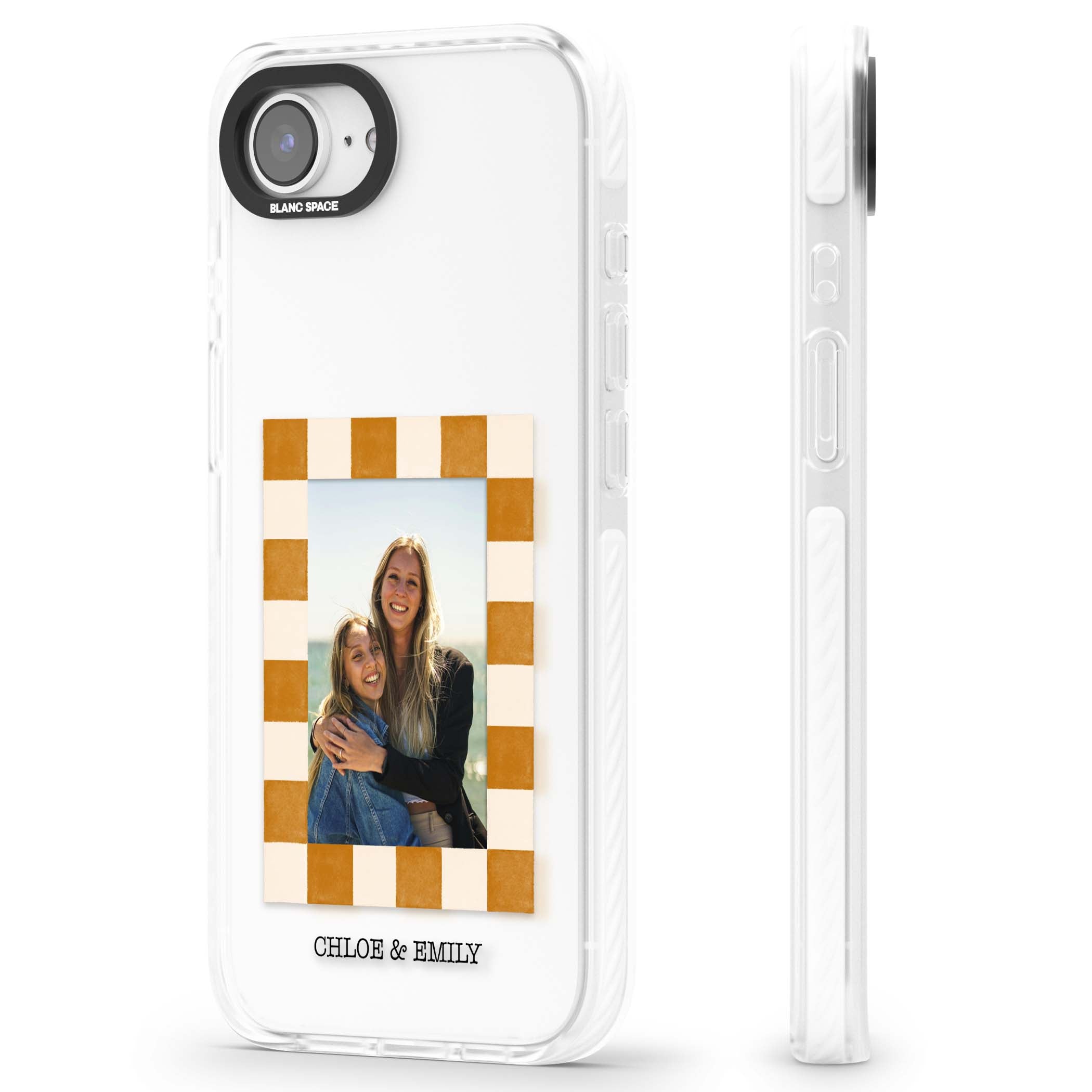 Citrus Check Photo personalised iPhone case with custom photo, orange checkered frame and names underneath | Clear Impact case for iPhone 16e, iPhone 17e