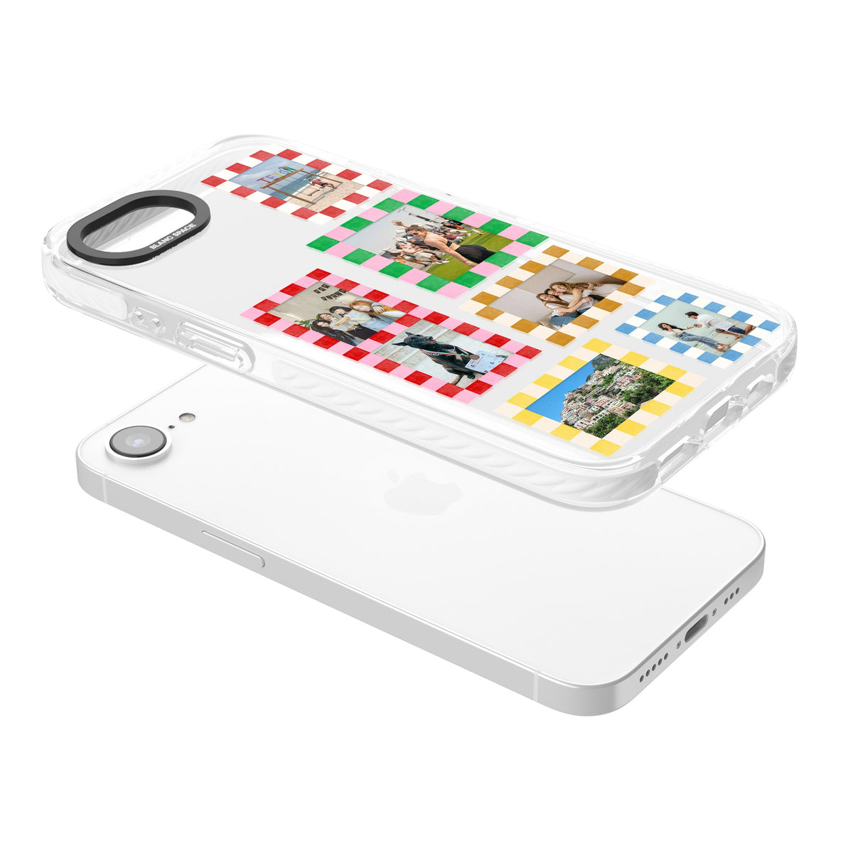 Personalised Italian Check Frames iPhone 16e / iPhone 17e Impact Clear Phone Case angled
