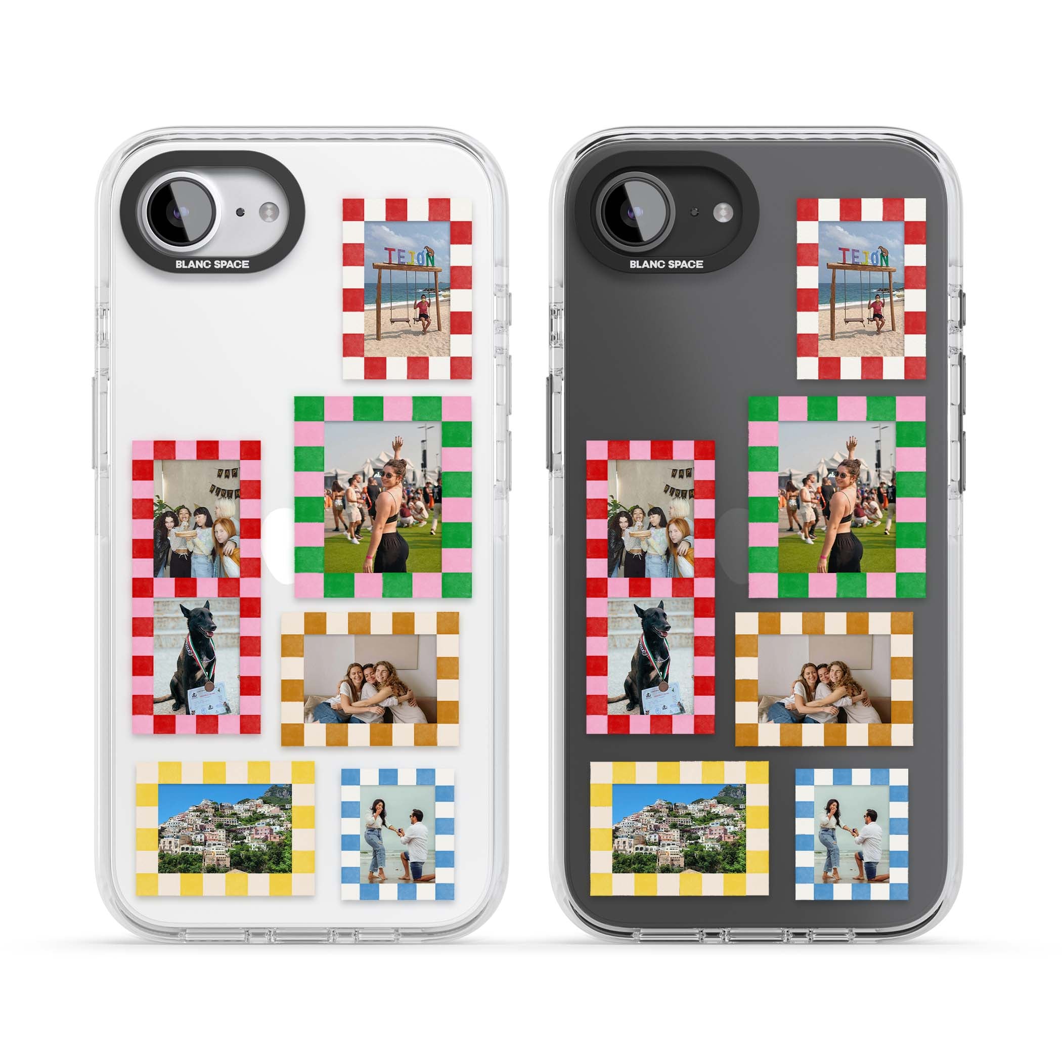 Italian Check Frames custom photo collage iPhone case featuring six checkered photo frames in red, green, pink and  | Clear Impact case for iPhone 16e, iPhone 17e