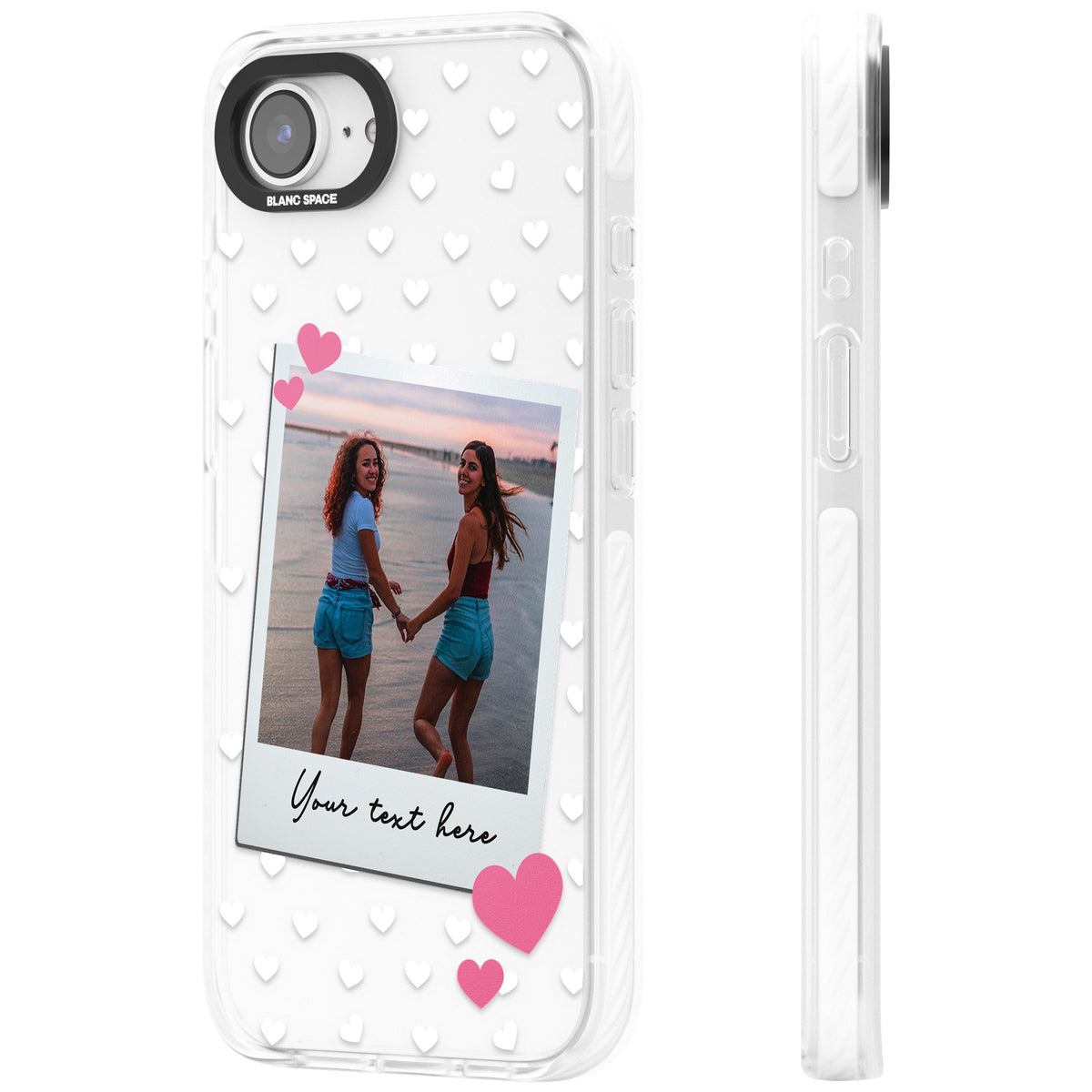 Personalised Hearts Instant Camera Photo iPhone 16e / iPhone 17e Impact Clear Phone Case side