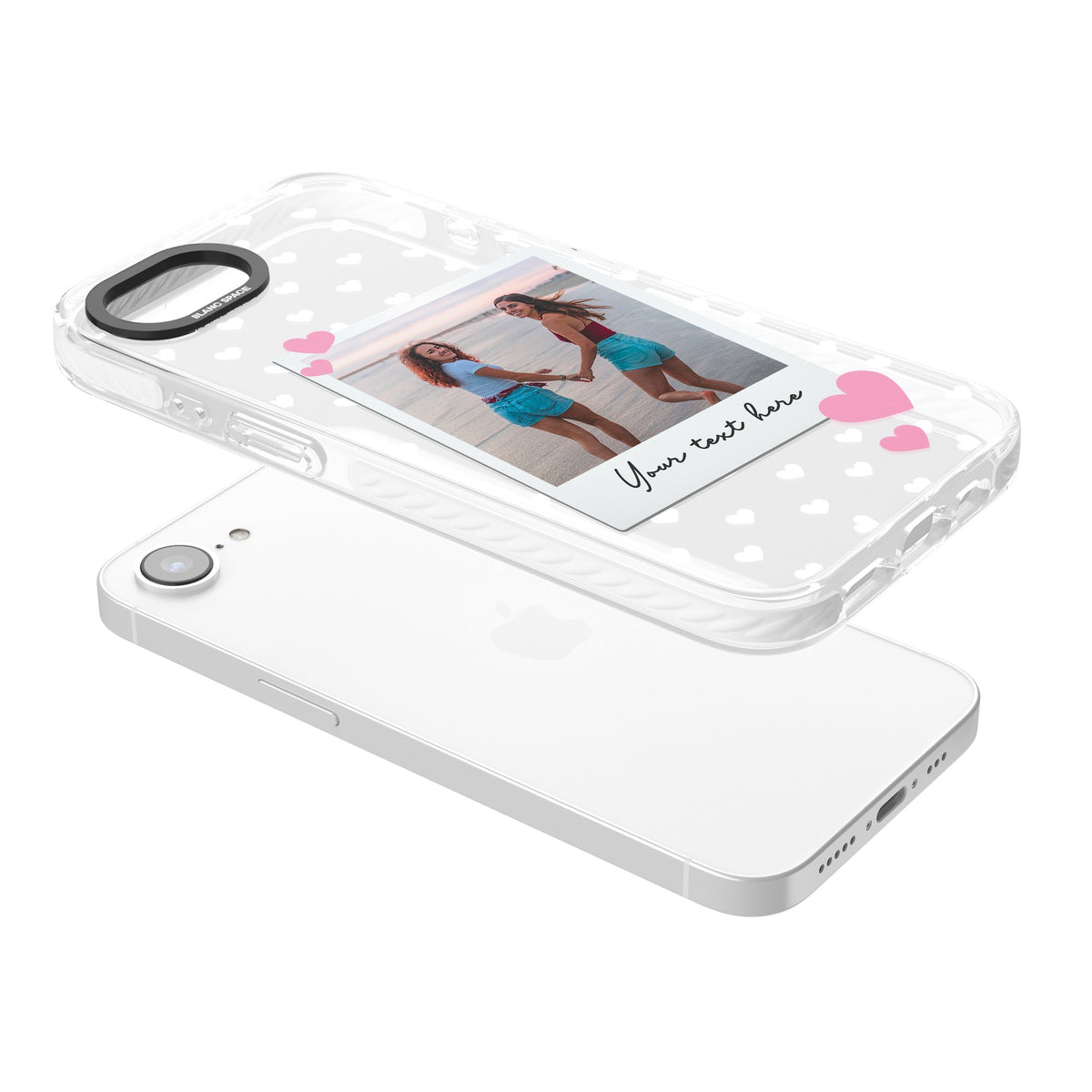 Personalised Hearts Instant Camera Photo iPhone 16e / iPhone 17e Impact Clear Phone Case angled