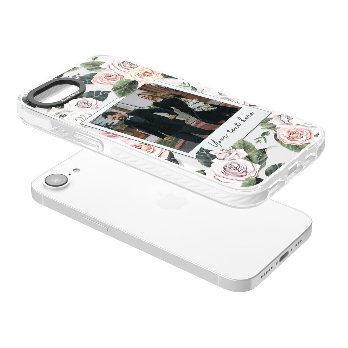 Personalised Floral Polaroid iPhone 16e / iPhone 17e Impact Clear Phone Case angled